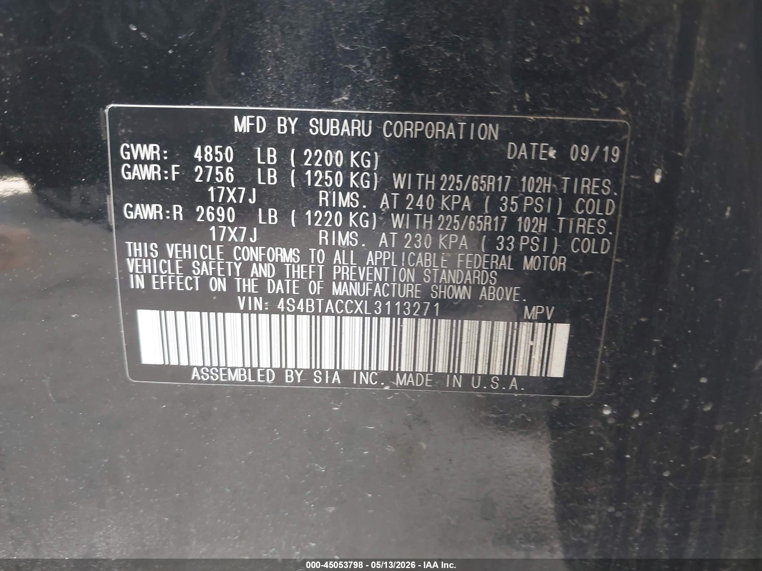 2020 Subaru Outback Premium Black vin: 4S4BTACCXL3113271