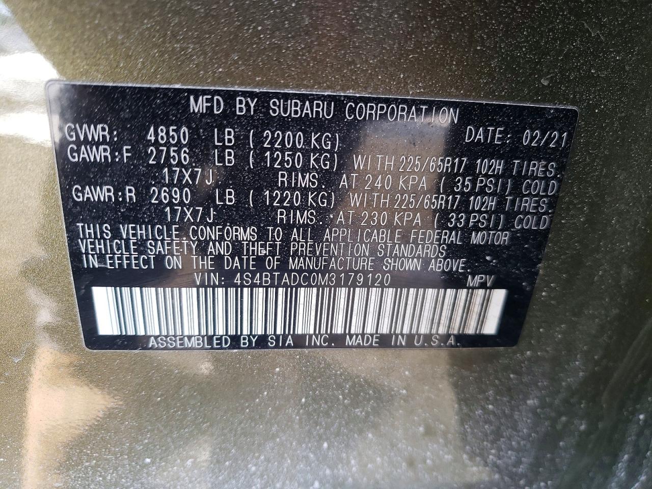 2021 Subaru Outback Premium Green vin: 4S4BTADC0M3179120
