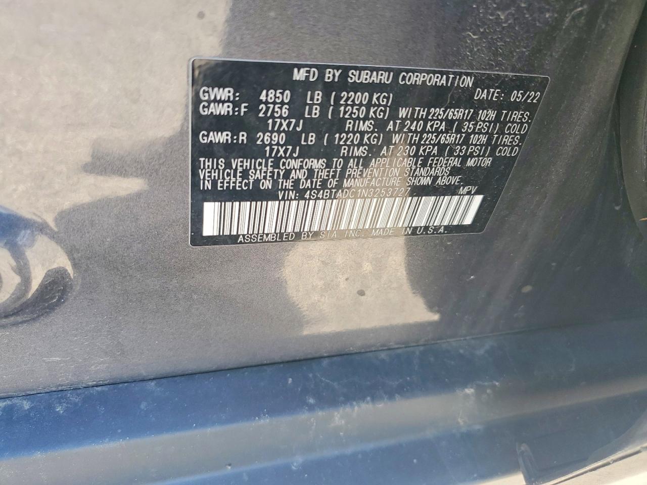 2022 Subaru Outback Premium Gray vin: 4S4BTADC1N3253727