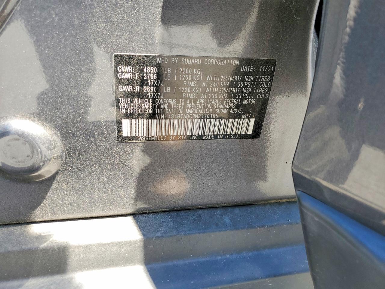 2022 Subaru Outback Premium Charcoal vin: 4S4BTADC3N3170185