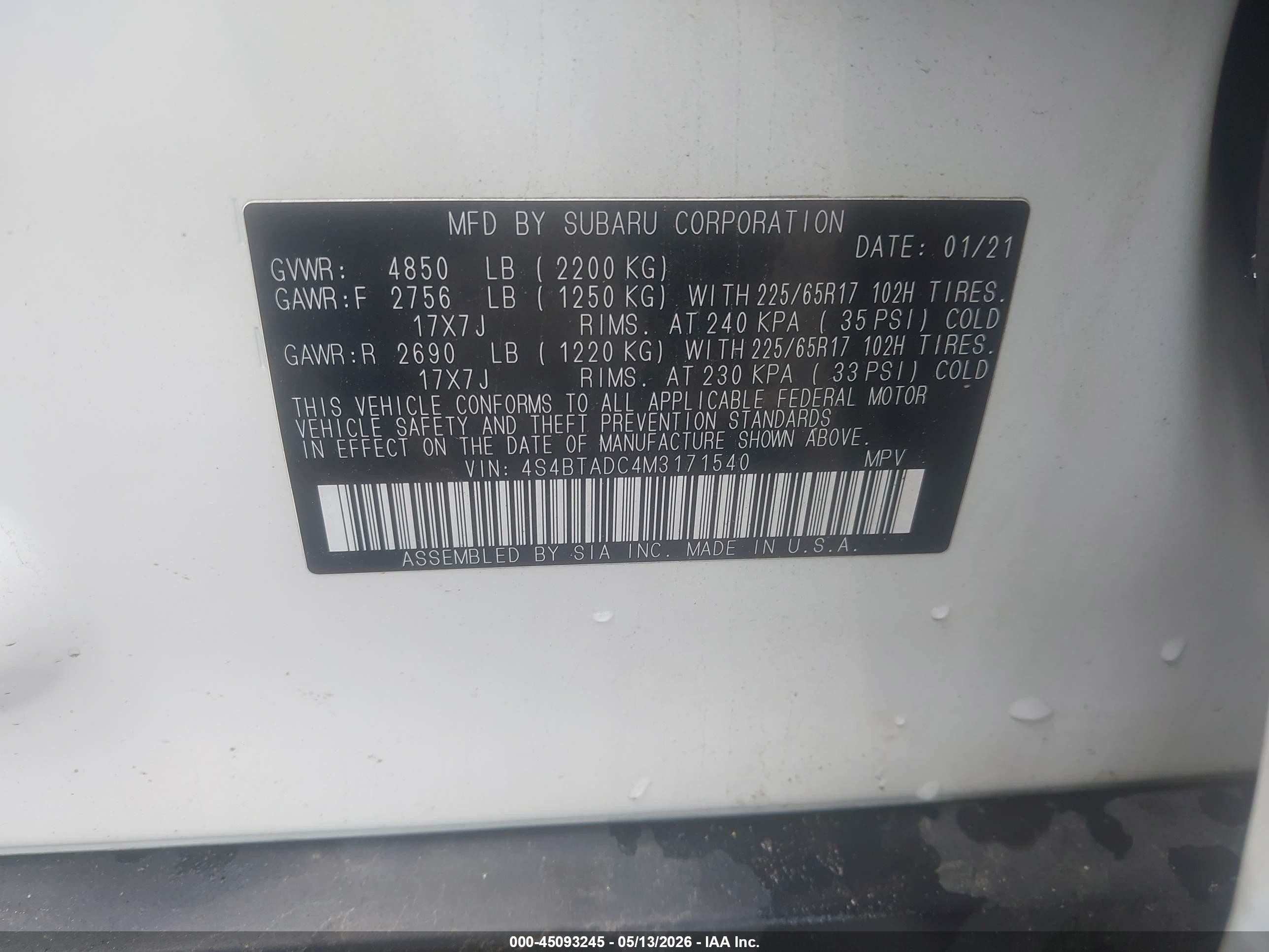 2021 Subaru Outback Premium White vin: 4S4BTADC4M3171540