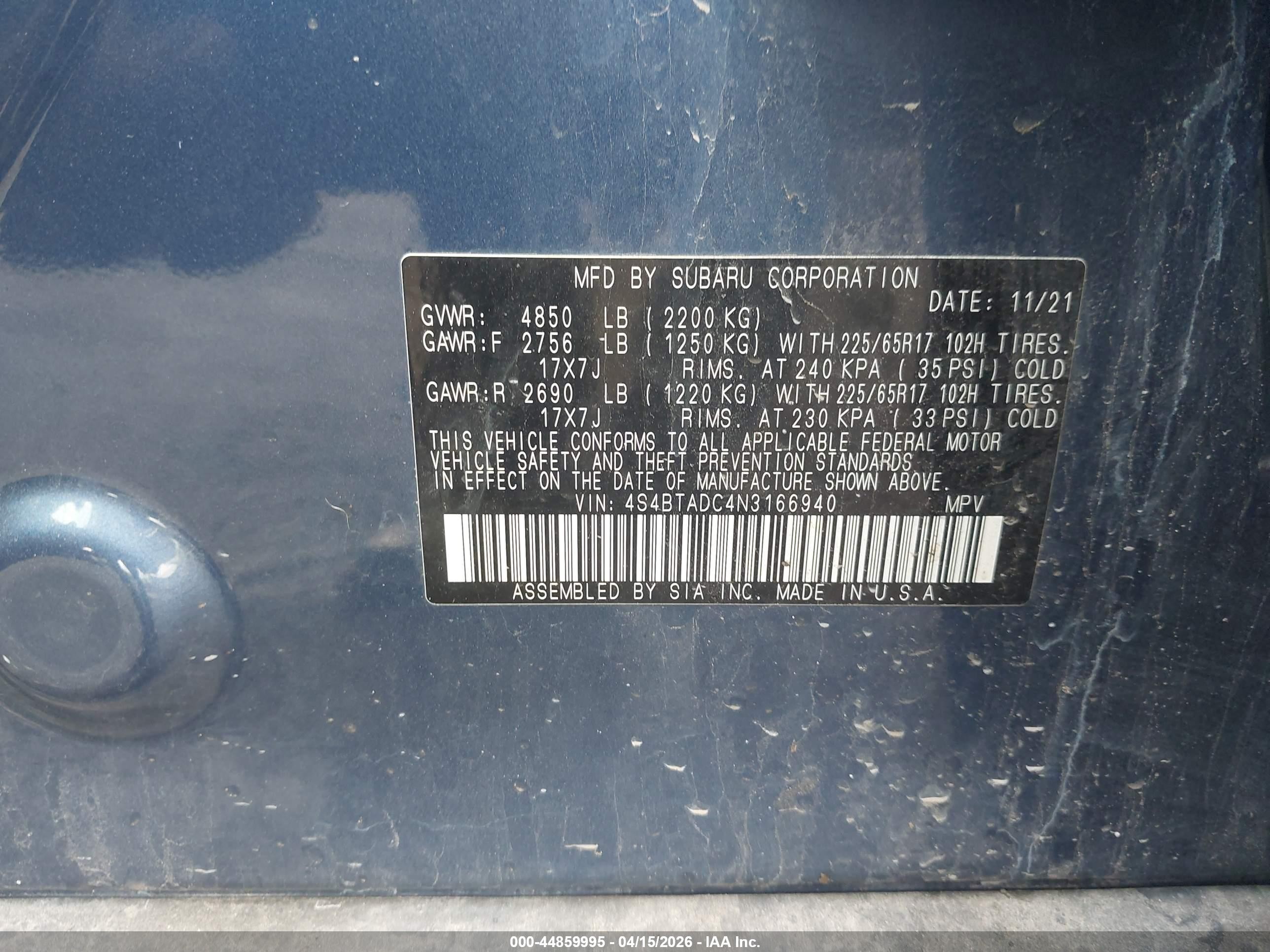 2022 Subaru Outback Premium Blue vin: 4S4BTADC4N3166940