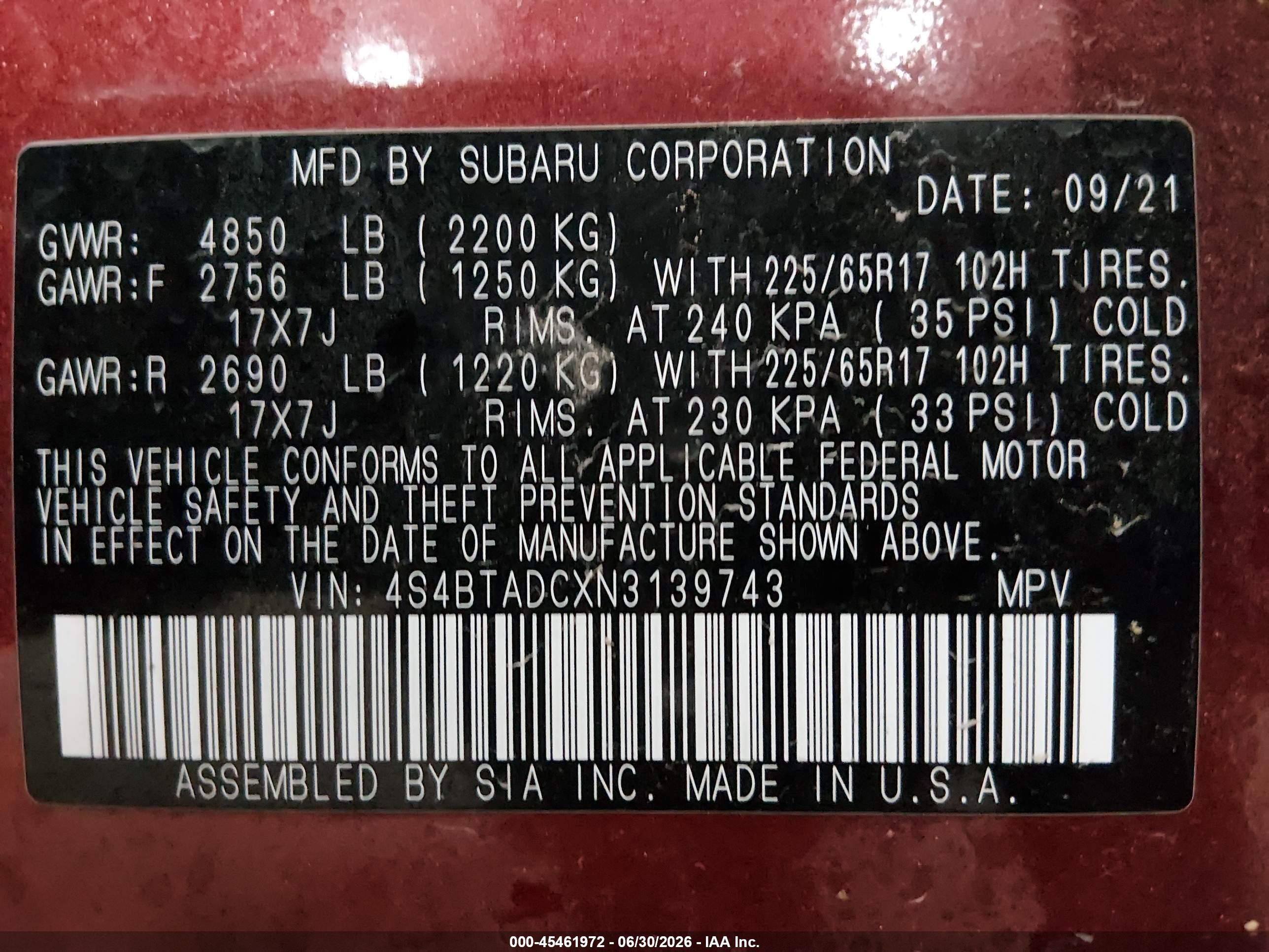 2022 Subaru Outback Premium Red vin: 4S4BTADCXN3139743