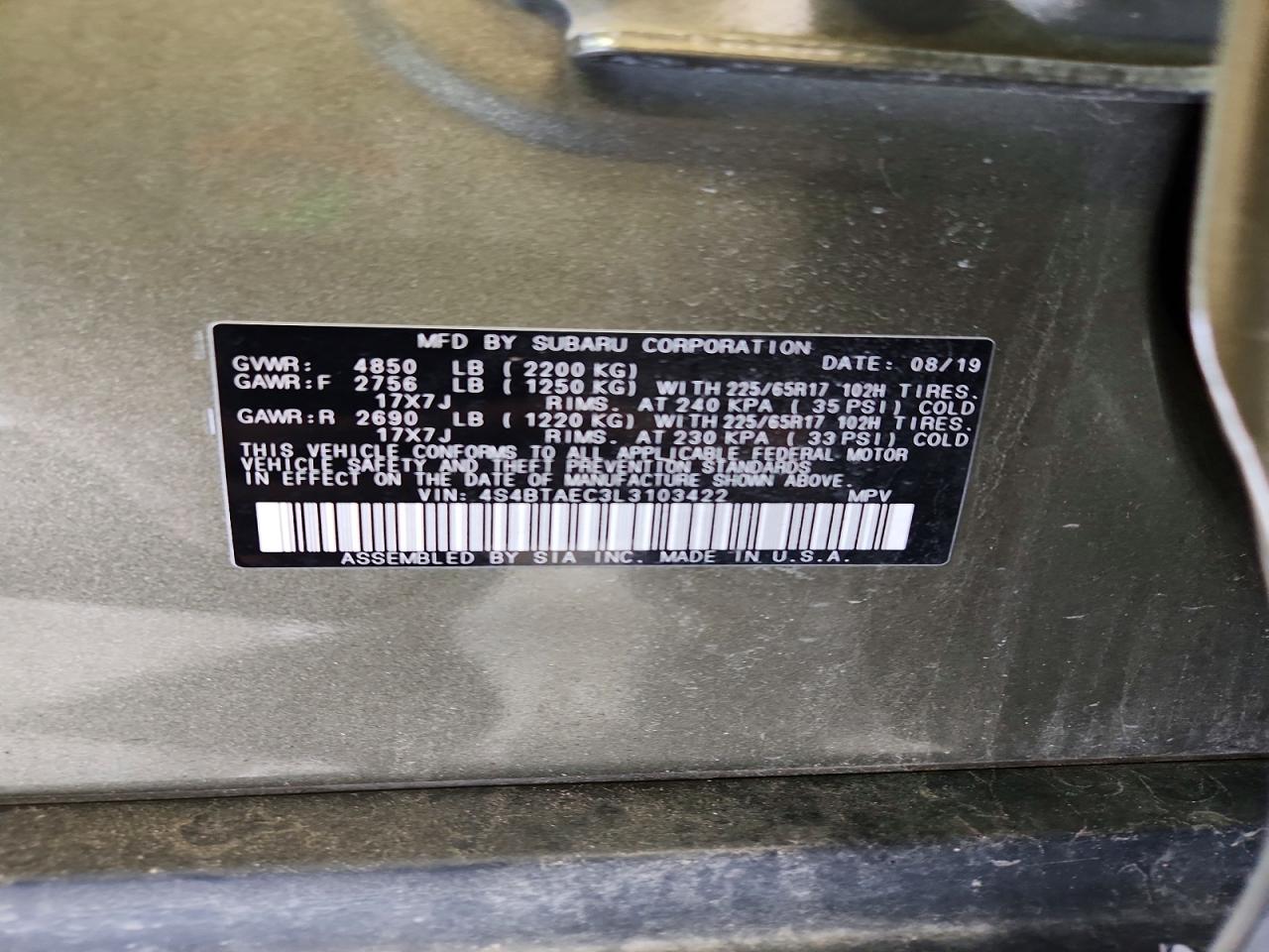 2020 Subaru Outback Premium Green vin: 4S4BTAEC3L3103422