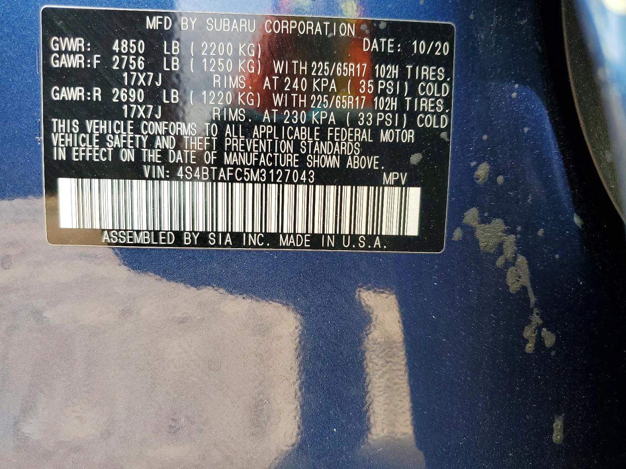 2021 Subaru Outback Premium Blue vin: 4S4BTAFC5M3127043