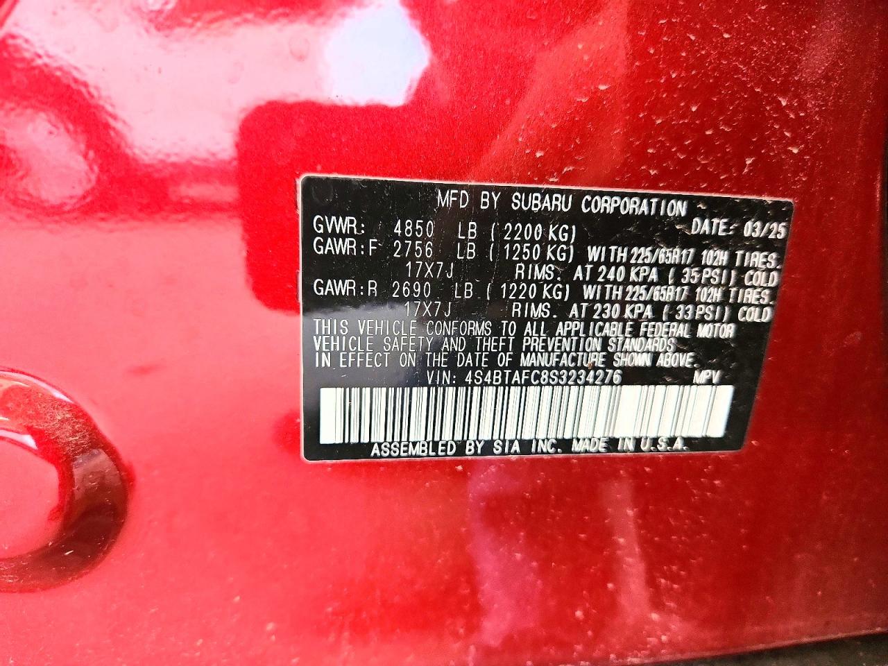 2025 Subaru Outback Premium Red vin: 4S4BTAFC8S3234276