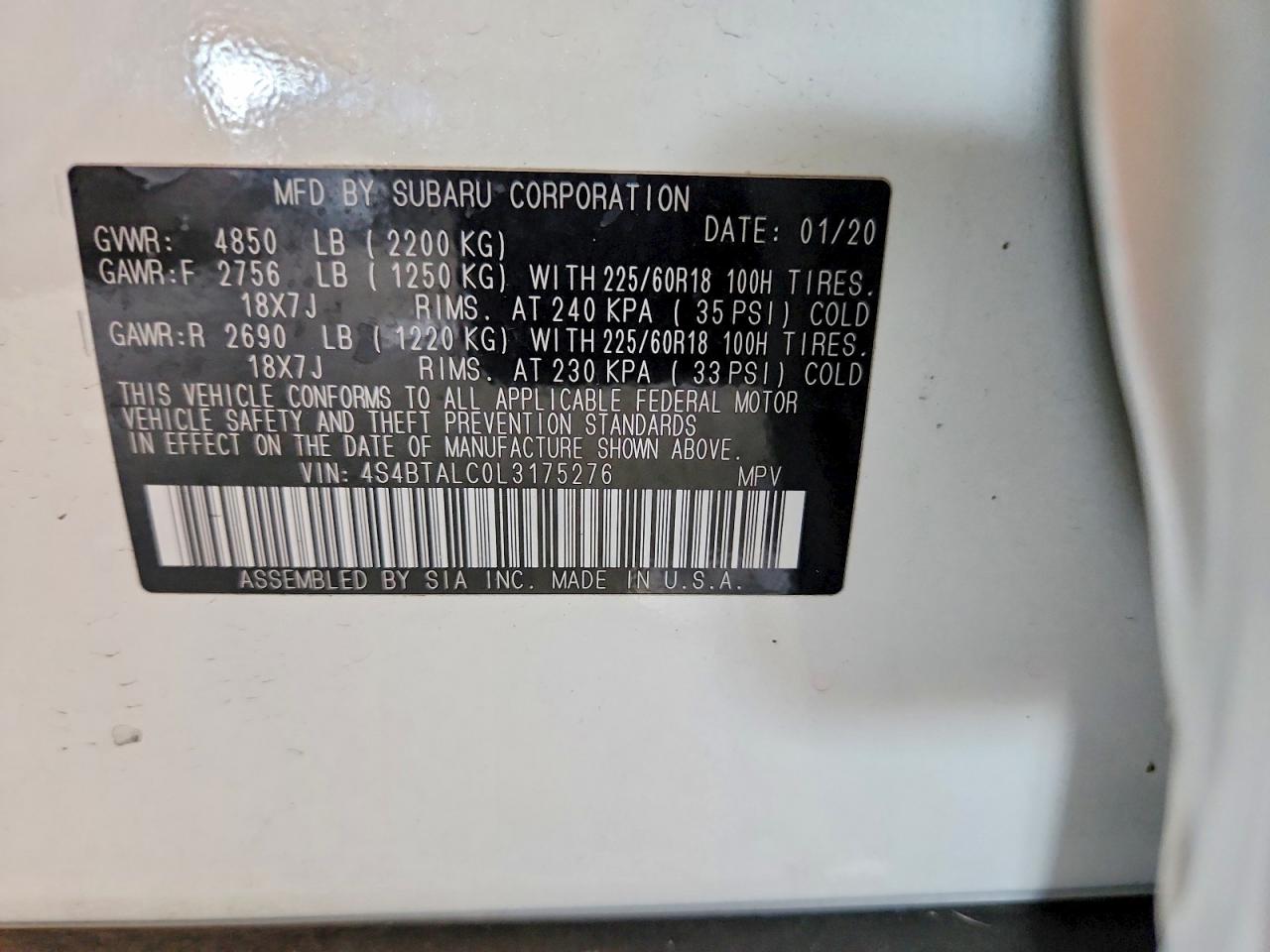 2020 Subaru Outback Limited White vin: 4S4BTALC0L3175276