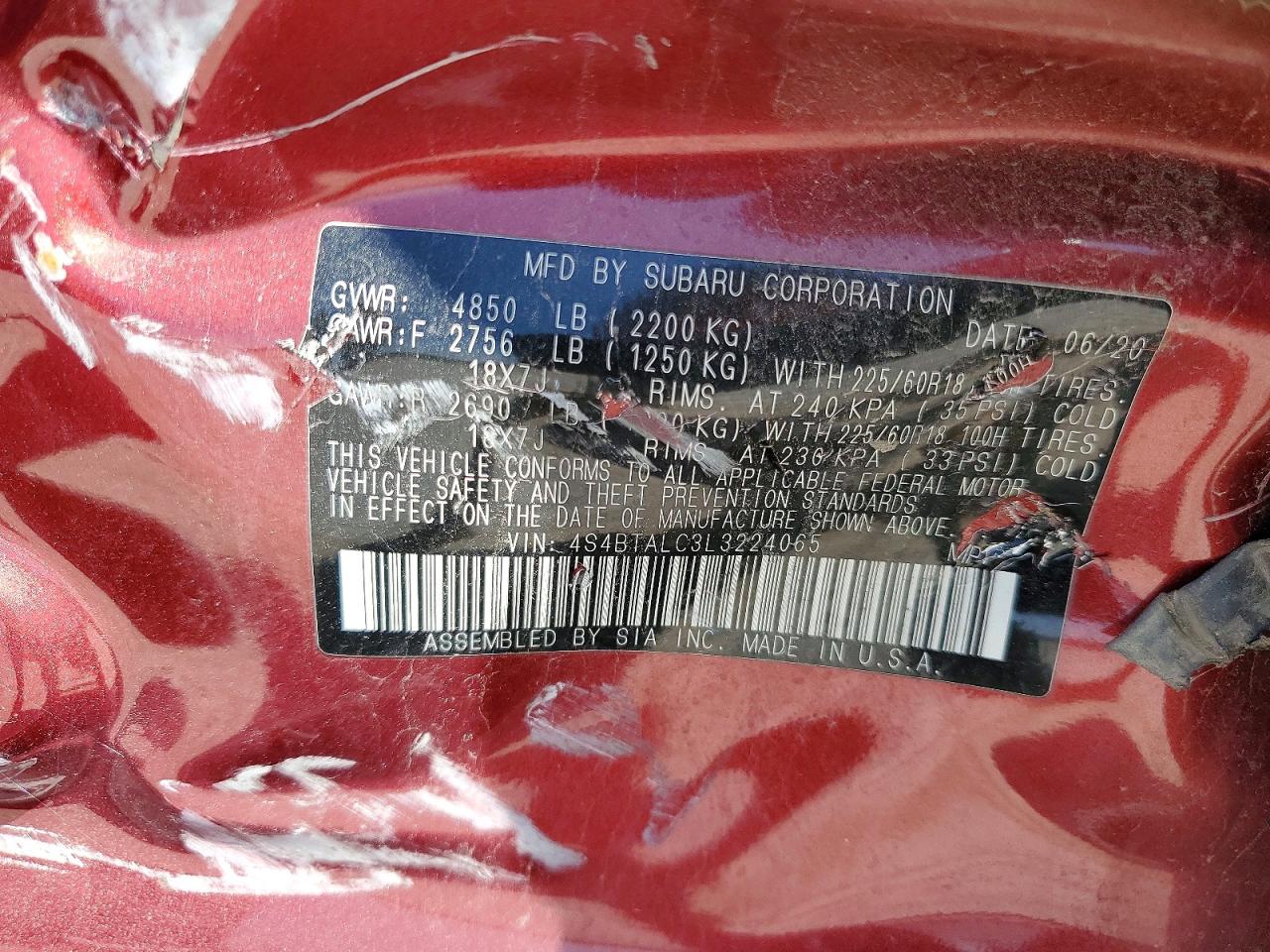 2020 Subaru Outback Limited Red vin: 4S4BTALC3L3224065