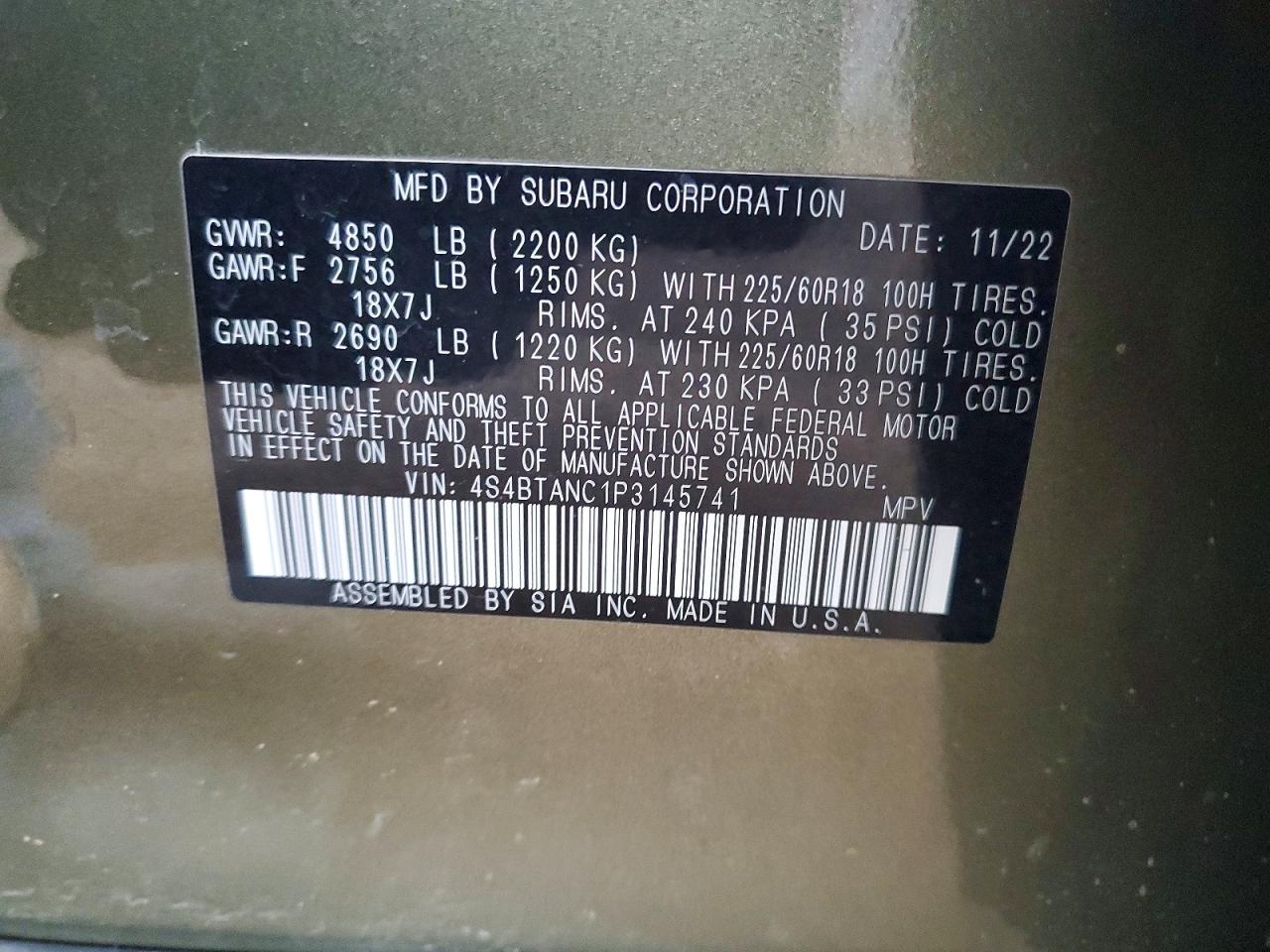 2023 Subaru Outback Limited Green vin: 4S4BTANC1P3145741