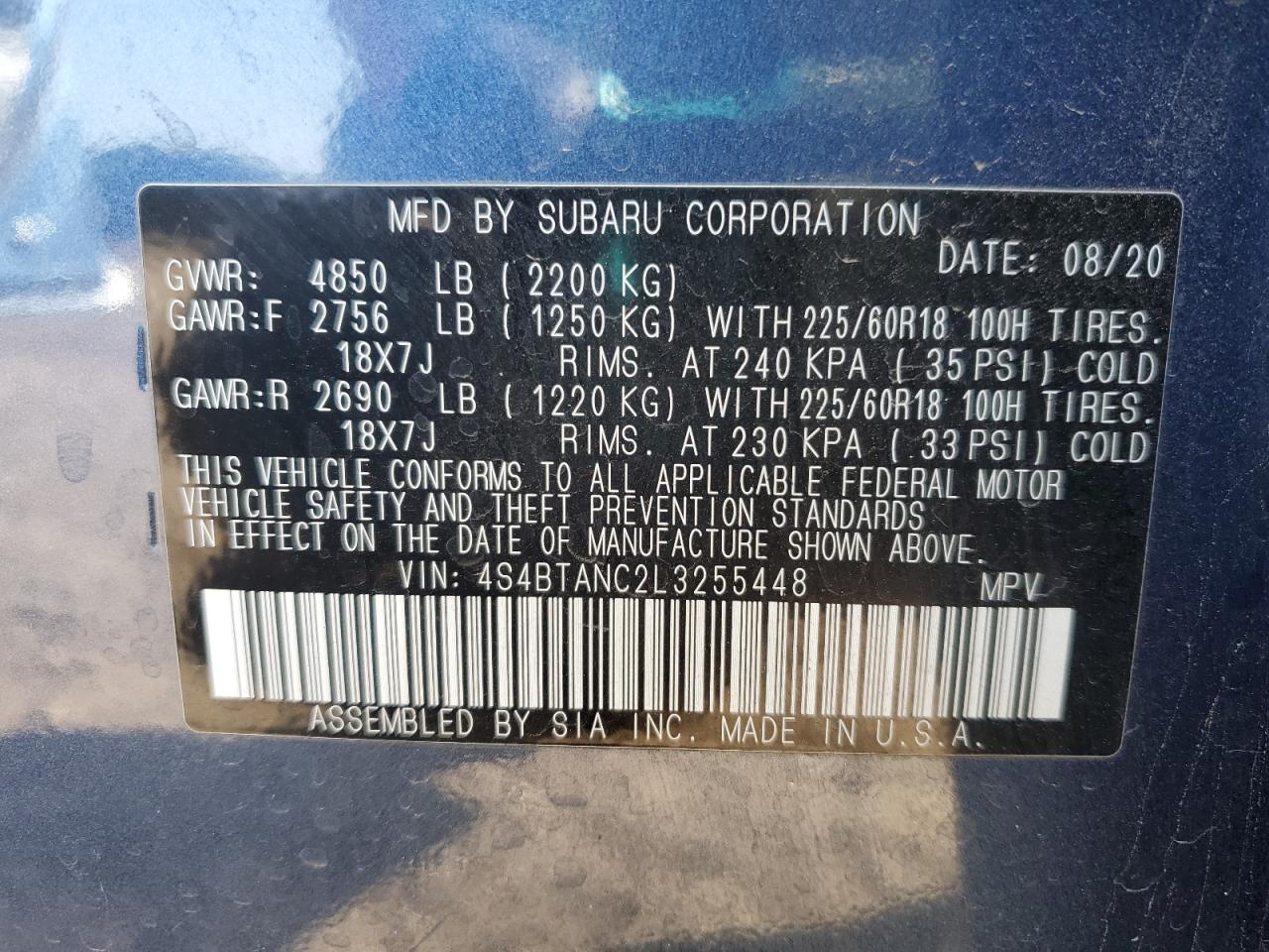 2020 Subaru Outback Limited Blue vin: 4S4BTANC2L3255448