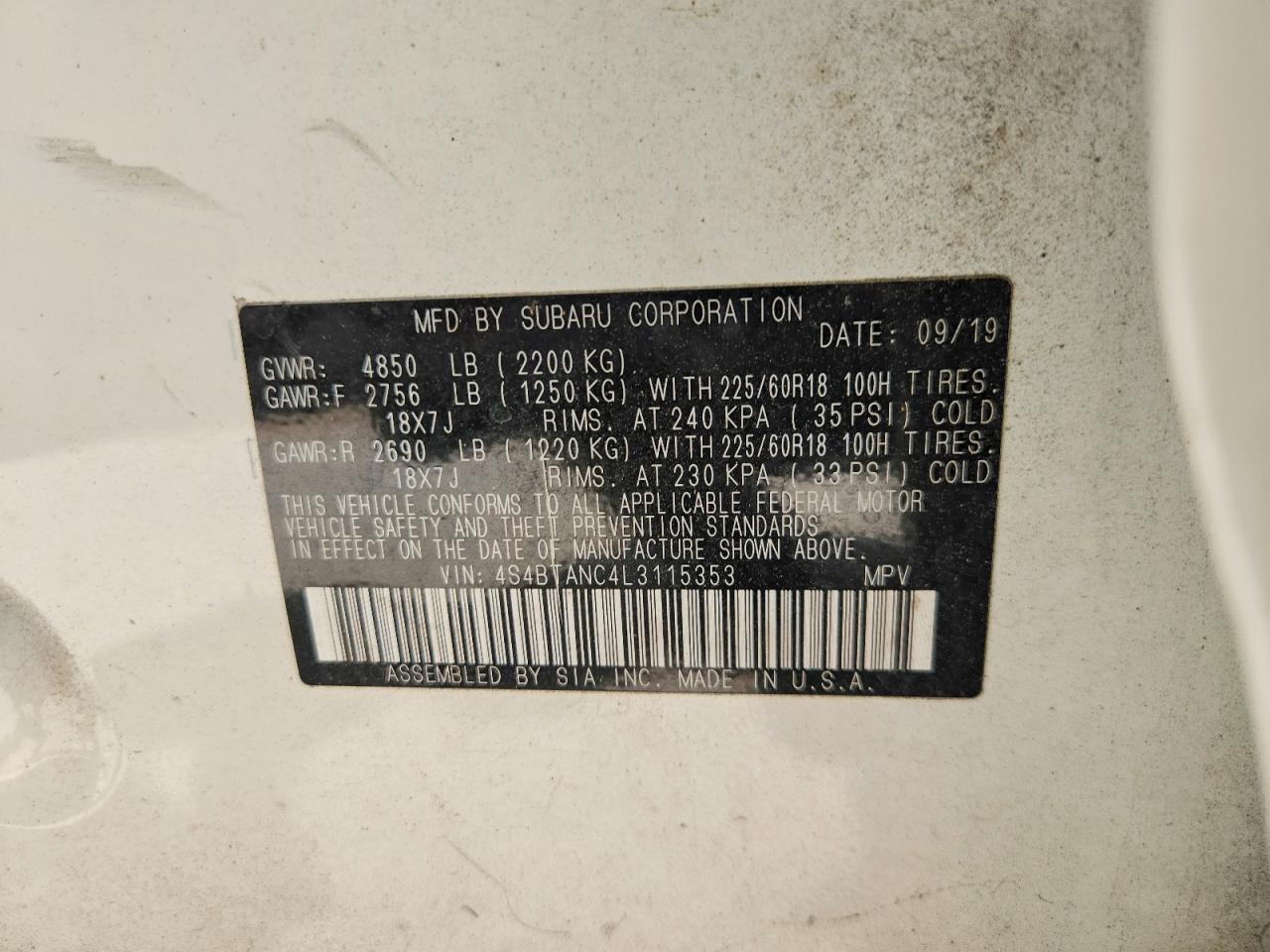 2020 Subaru Outback Limited White vin: 4S4BTANC4L3115353