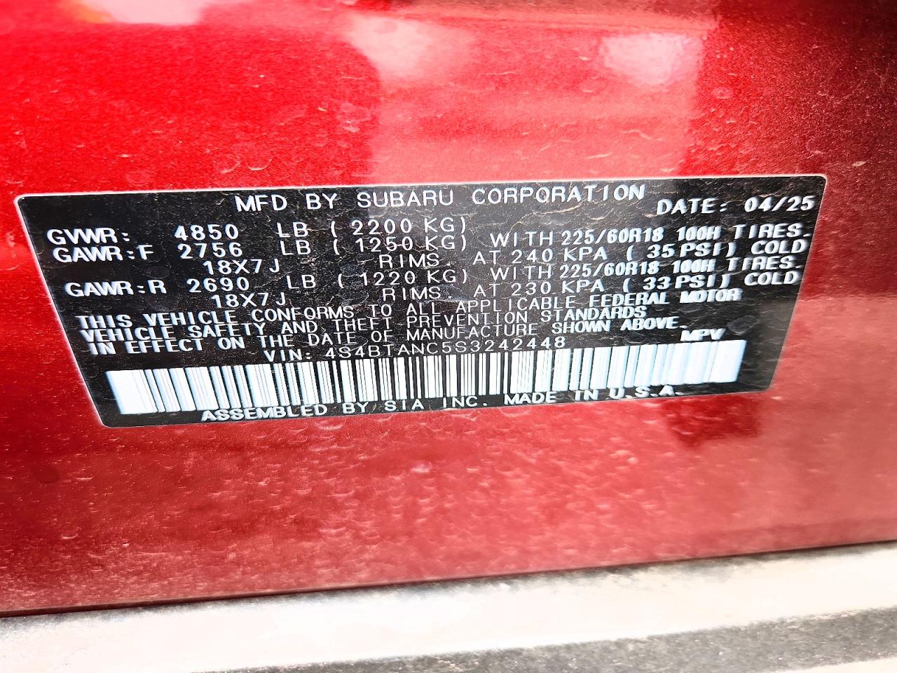 2025 Subaru Outback Limited Maroon vin: 4S4BTANC5S3242448