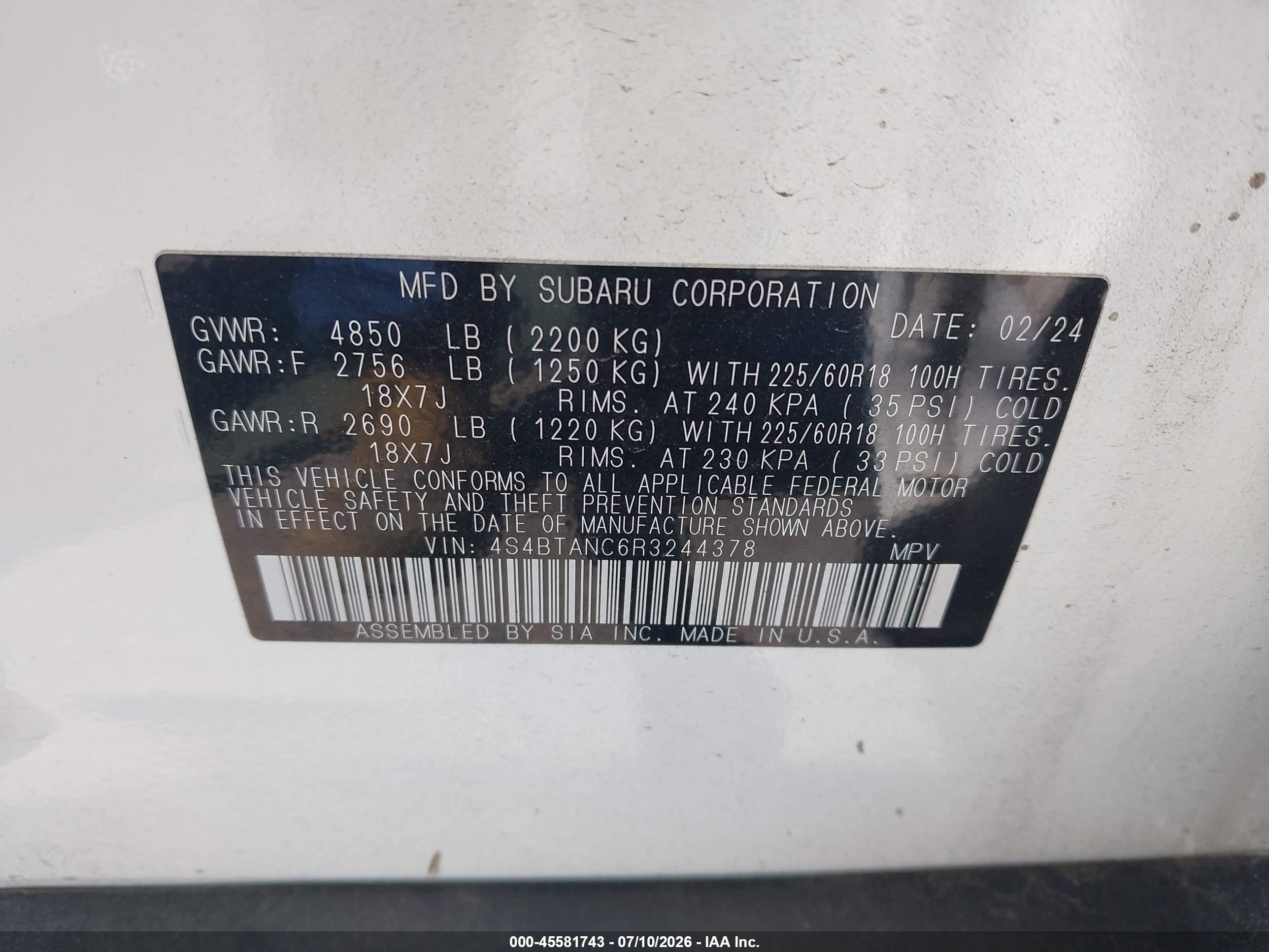 2024 Subaru Outback Limited White vin: 4S4BTANC6R3244378