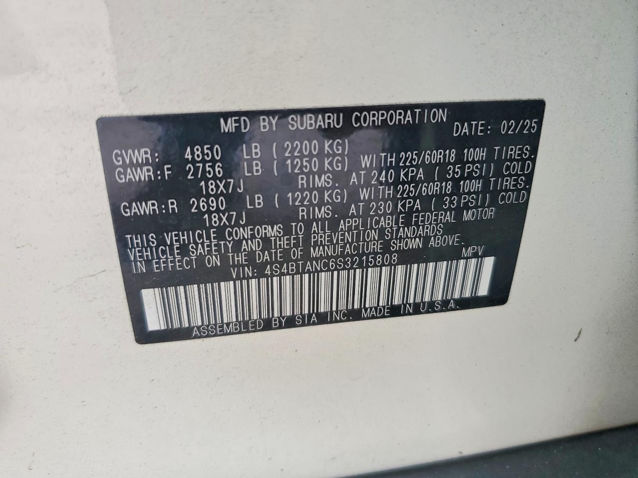 2025 Subaru Outback Limited White vin: 4S4BTANC6S3215808