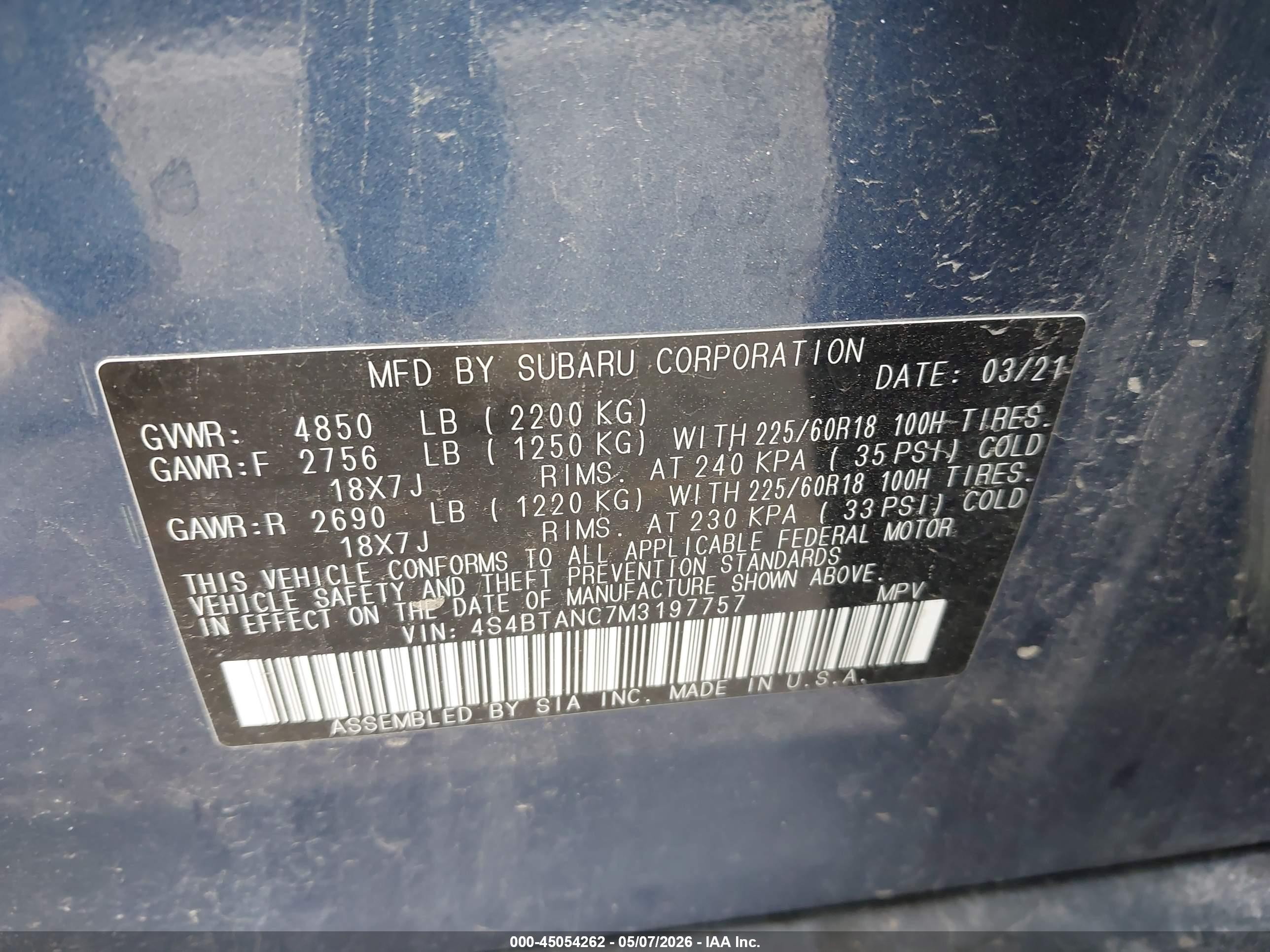2021 Subaru Outback Limited Blue vin: 4S4BTANC7M3197757