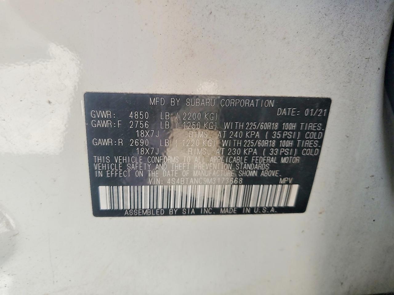 2021 Subaru Outback Limited White vin: 4S4BTANC9M3173668