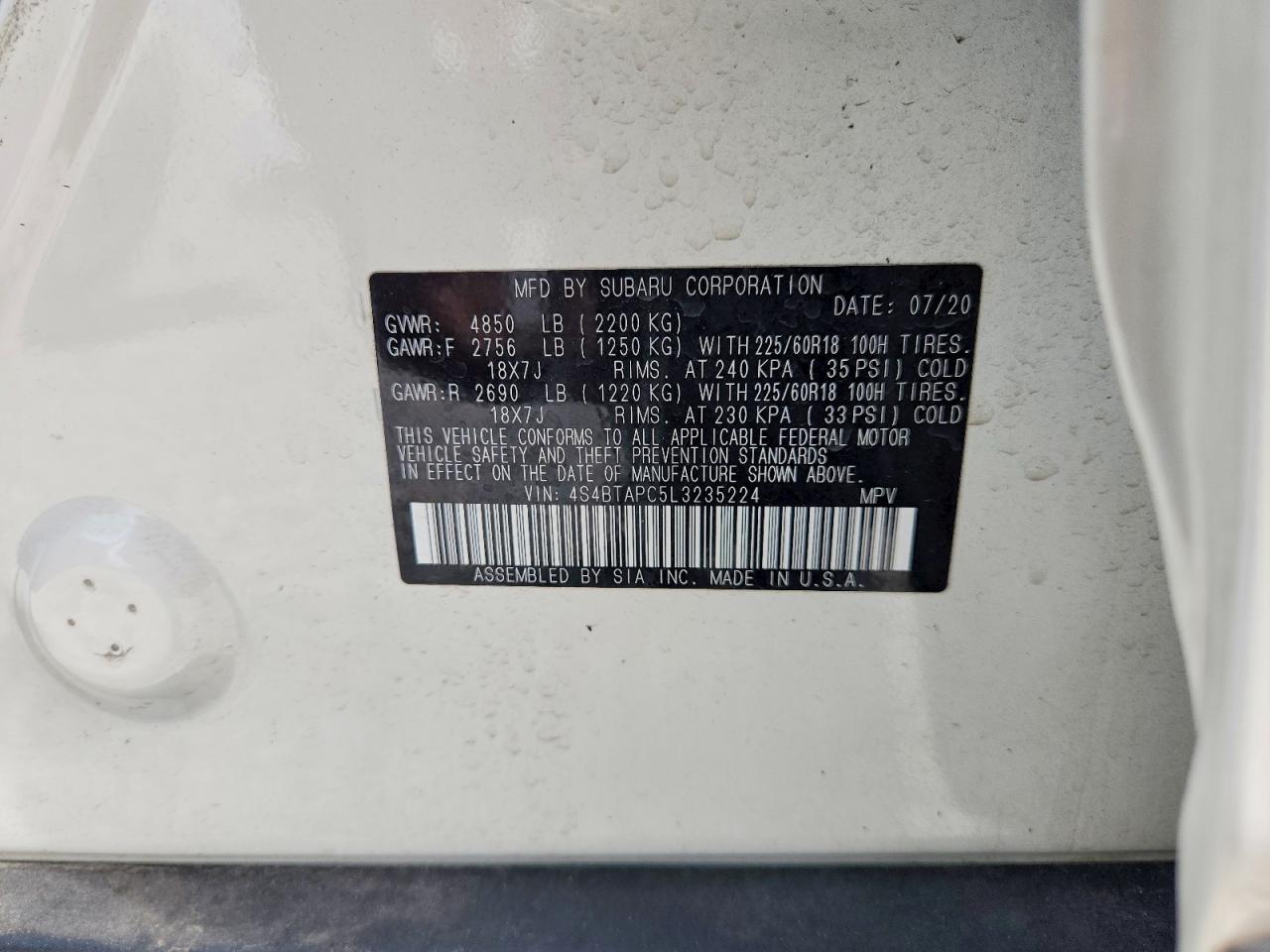 2020 Subaru Outback Touring White vin: 4S4BTAPC5L3235224