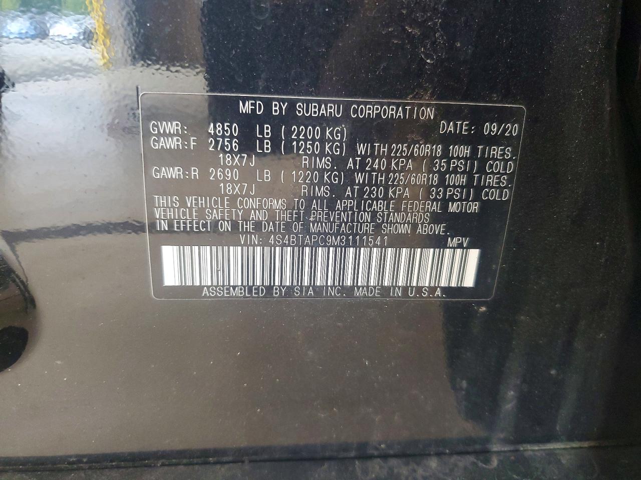 2021 Subaru Outback Touring Black vin: 4S4BTAPC9M3111541