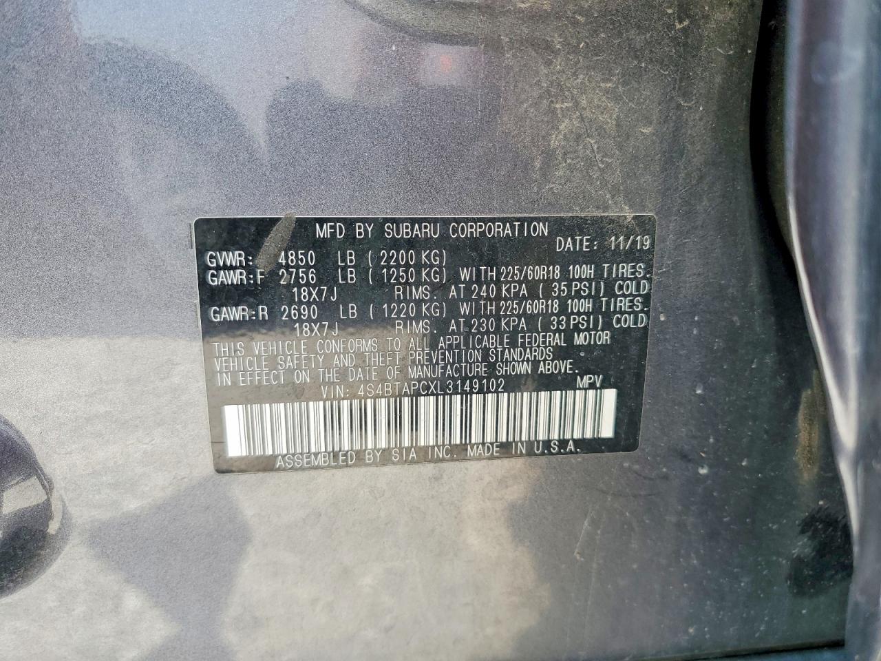 2020 Subaru Outback Touring Gray vin: 4S4BTAPCXL3149102