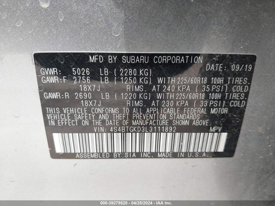 2020 Subaru Outback Onyx Edition Xt Gray vin: 4S4BTGKD3L3111892