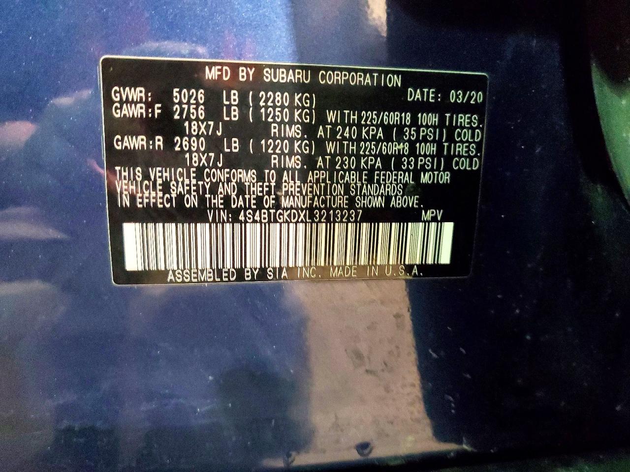 2020 Subaru Outback Onyx Edition Xt Blue vin: 4S4BTGKDXL3213237