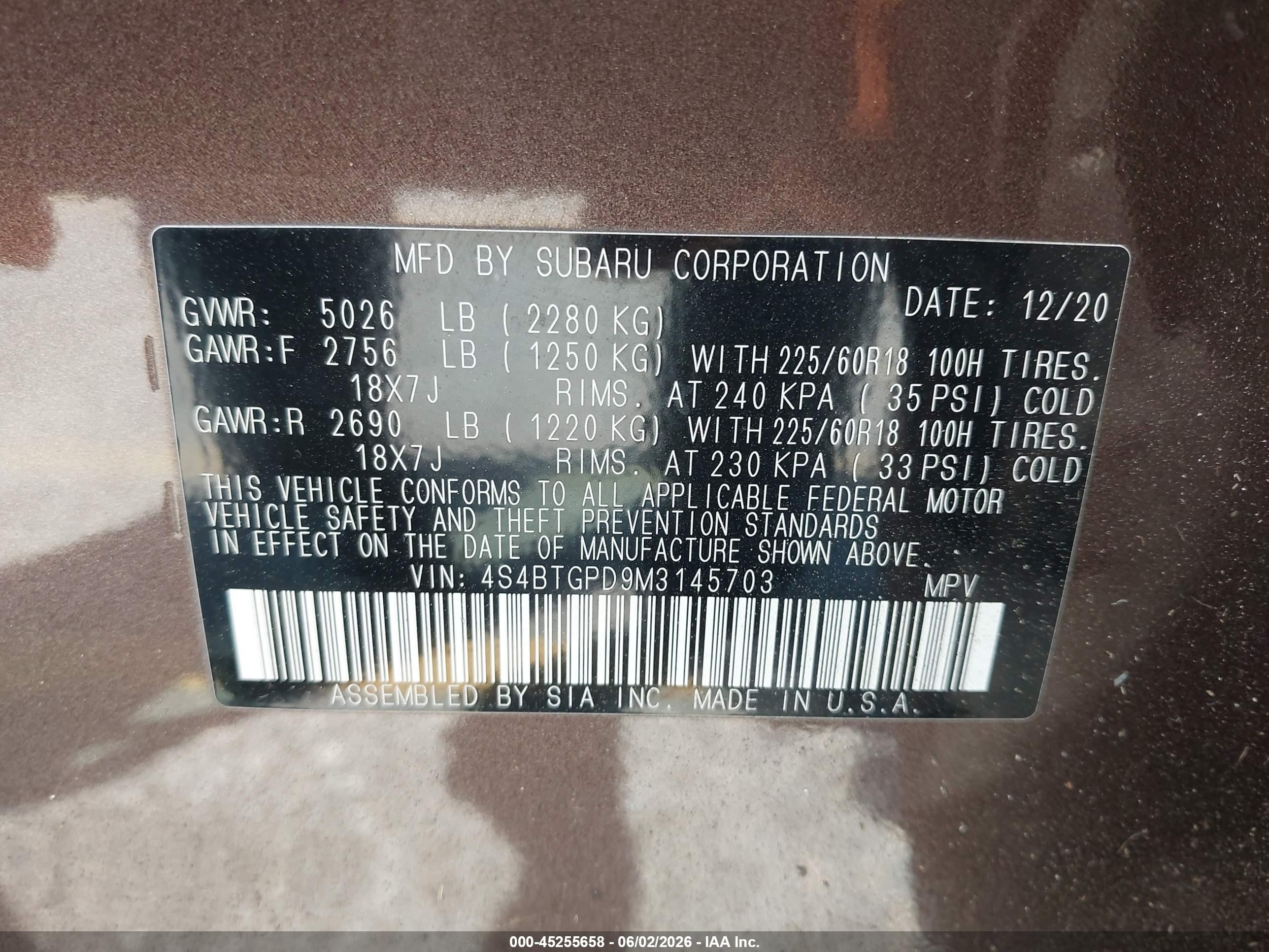 2021 Subaru Outback Touring Xt Brown vin: 4S4BTGPD9M3145703