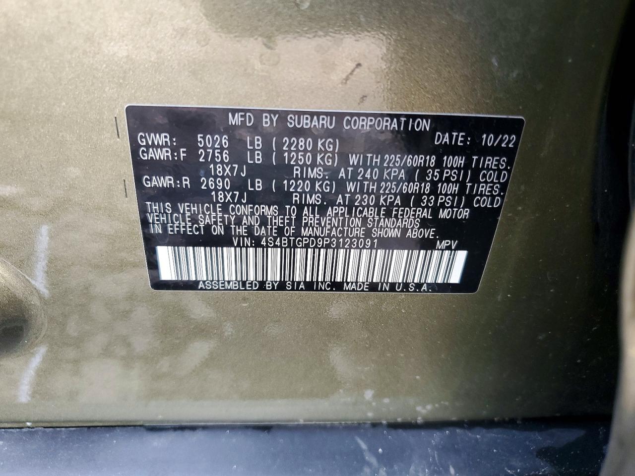 2023 Subaru Outback Touring Green vin: 4S4BTGPD9P3123091