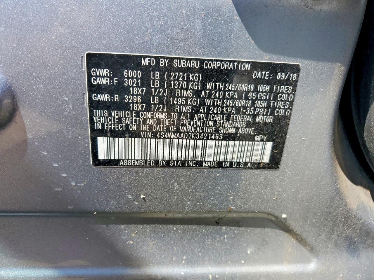 2019 Subaru Ascent Silver vin: 4S4WMAAD2K3421463