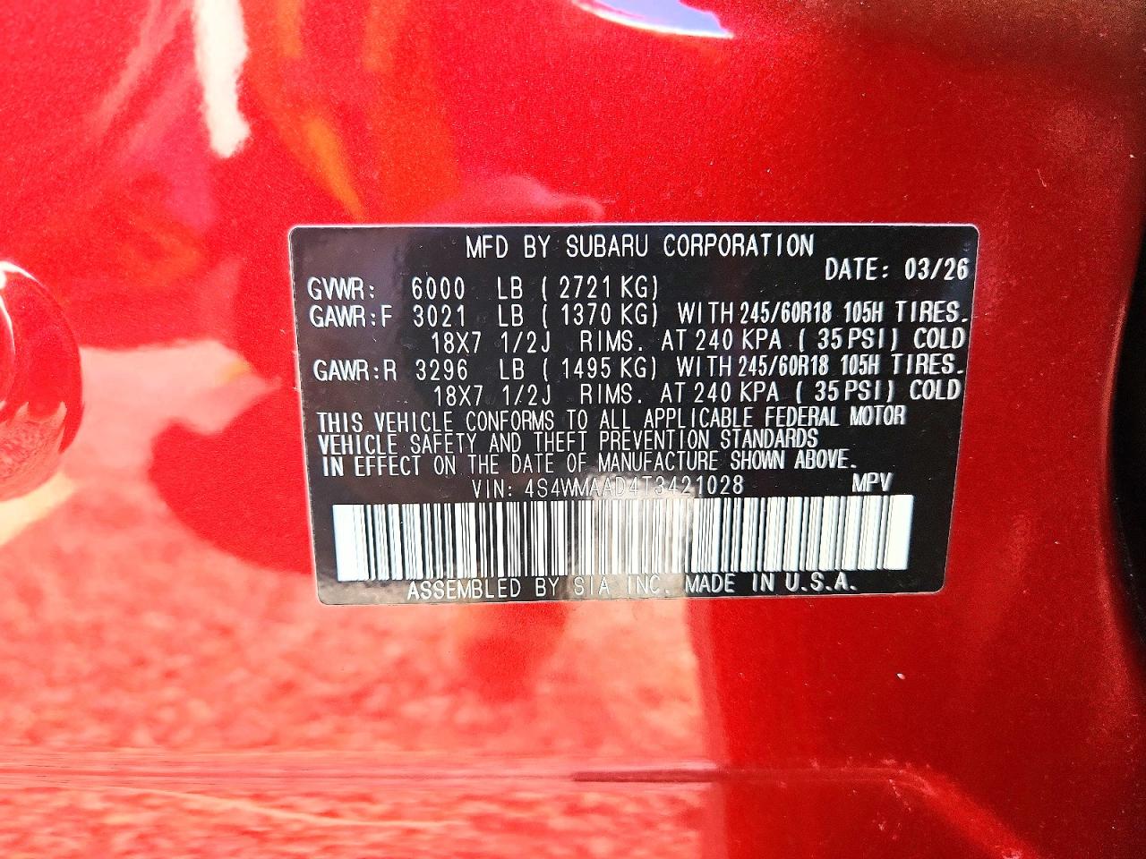 2026 Subaru Ascent Premium Red vin: 4S4WMAAD4T3421028