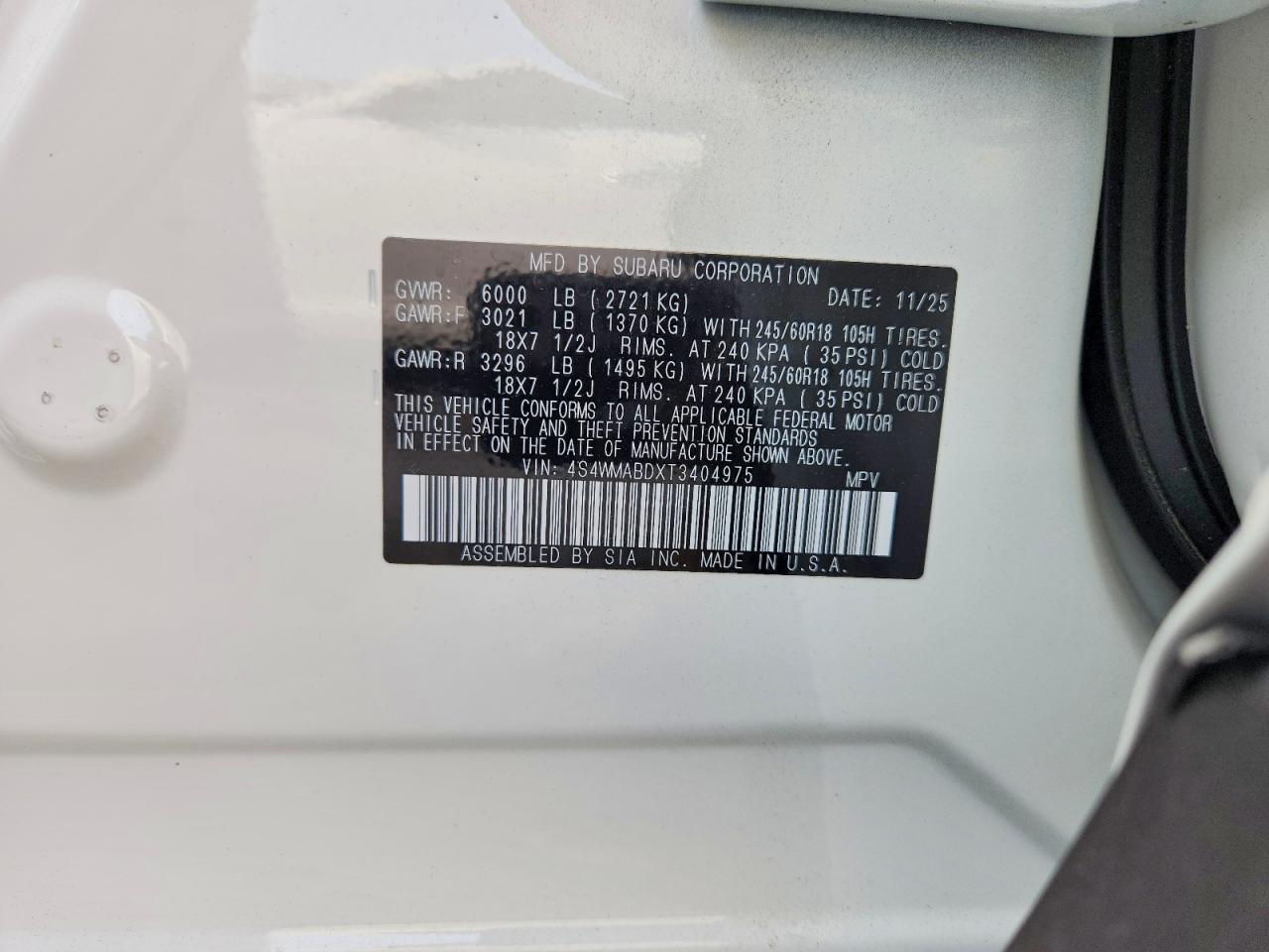 2026 Subaru Ascent Premium Белый vin: 4S4WMABDXT3404975