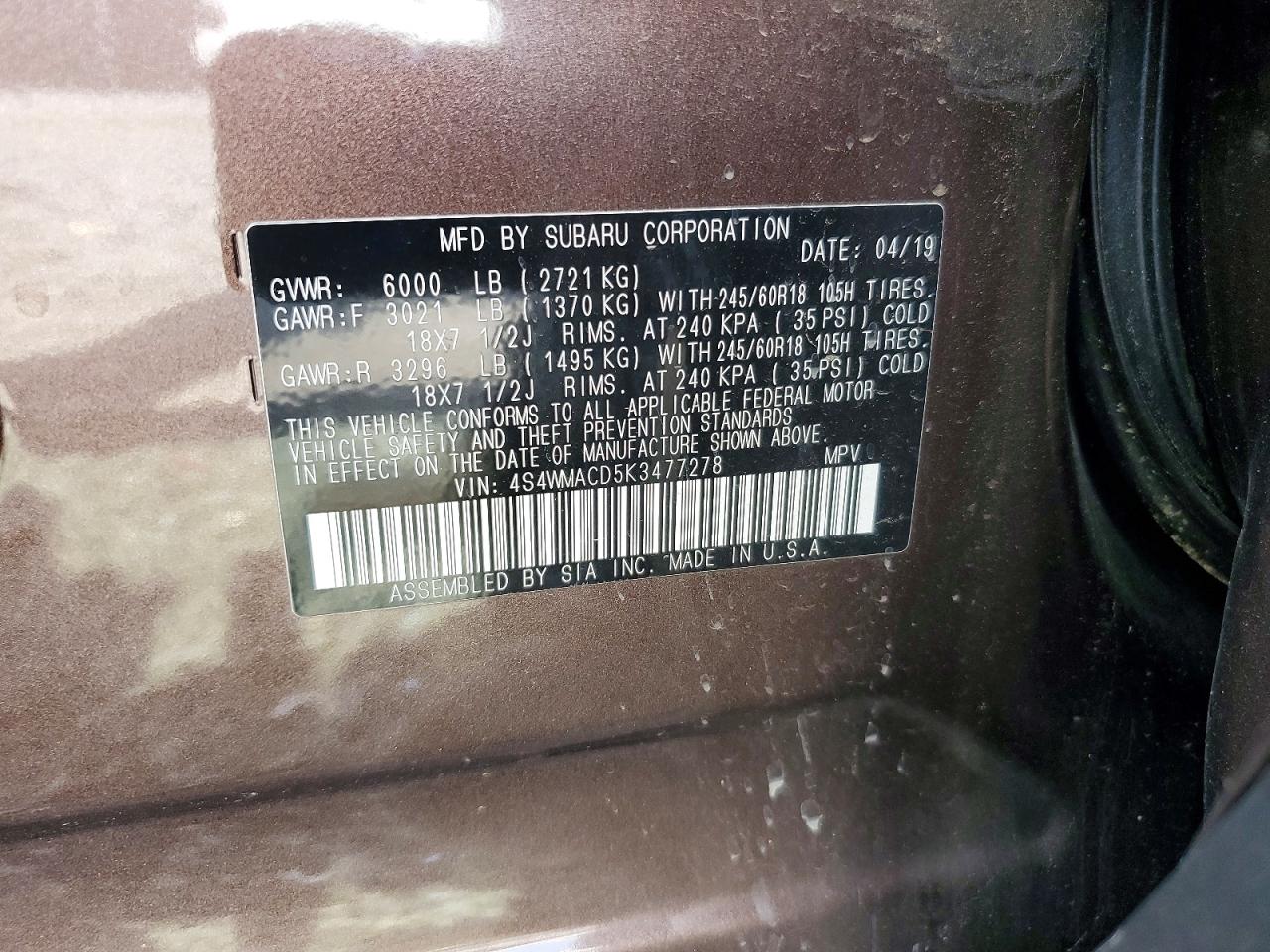 2019 Subaru Ascent Premium Brown vin: 4S4WMACD5K3477278
