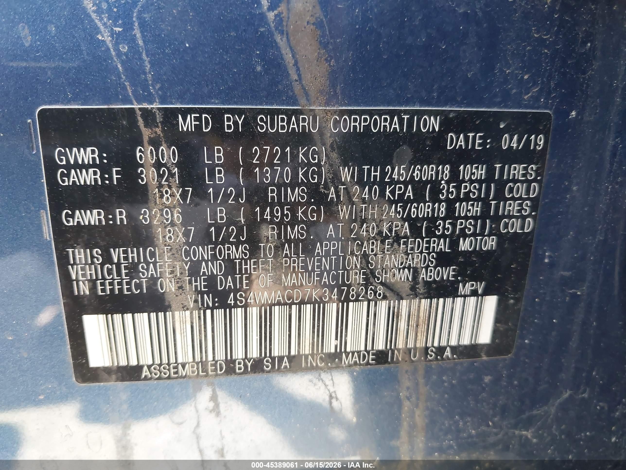 2019 Subaru Ascent Premium Blue vin: 4S4WMACD7K3478268