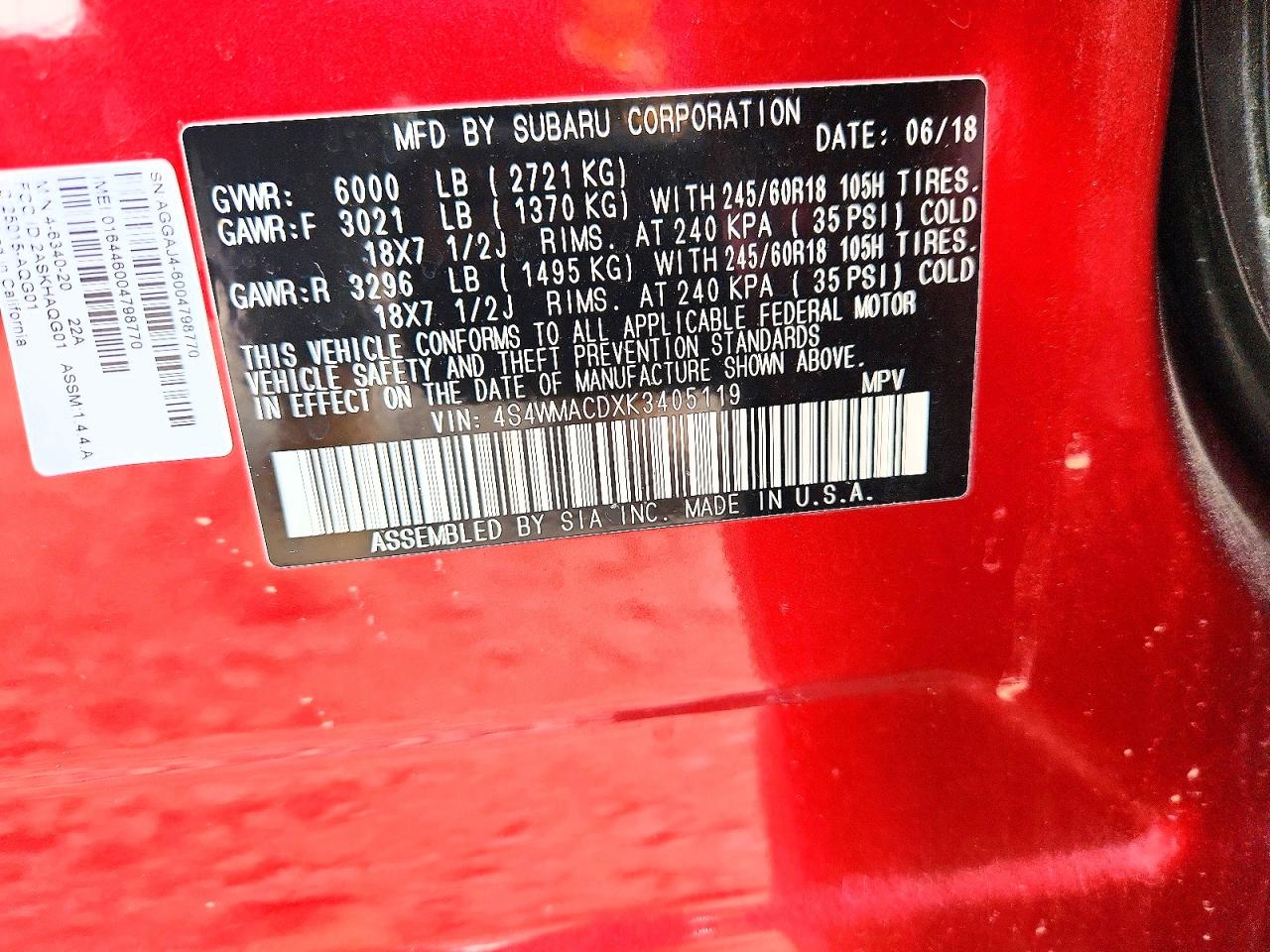 2019 Subaru Ascent Premium Red vin: 4S4WMACDXK3405119