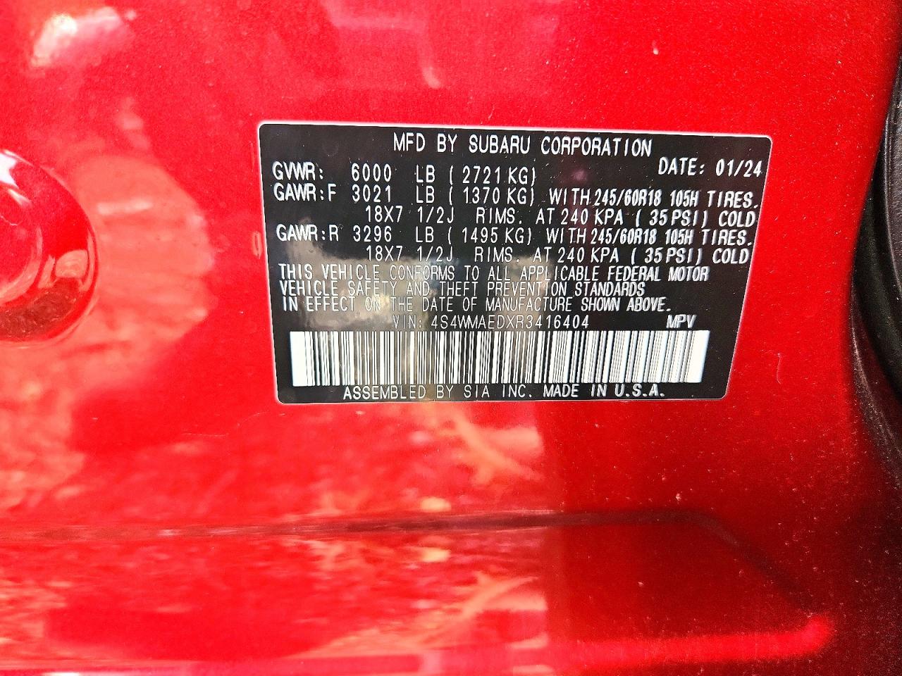 2024 Subaru Ascent Premium Red vin: 4S4WMAEDXR3416404