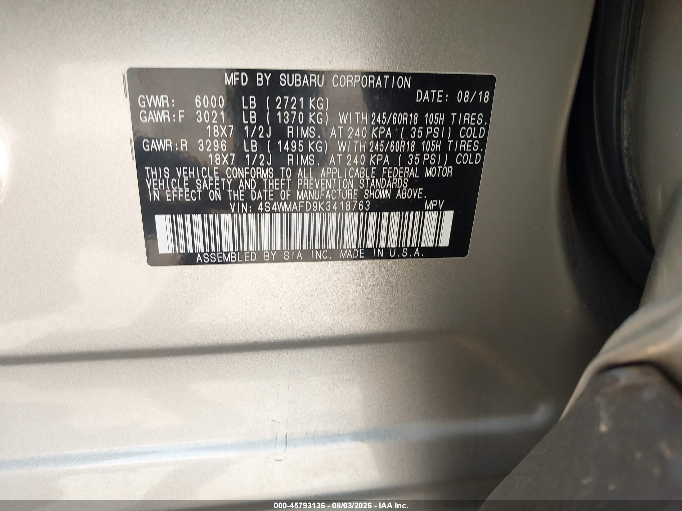 2019 Subaru Ascent Premium Серебряный vin: 4S4WMAFD9K3418763