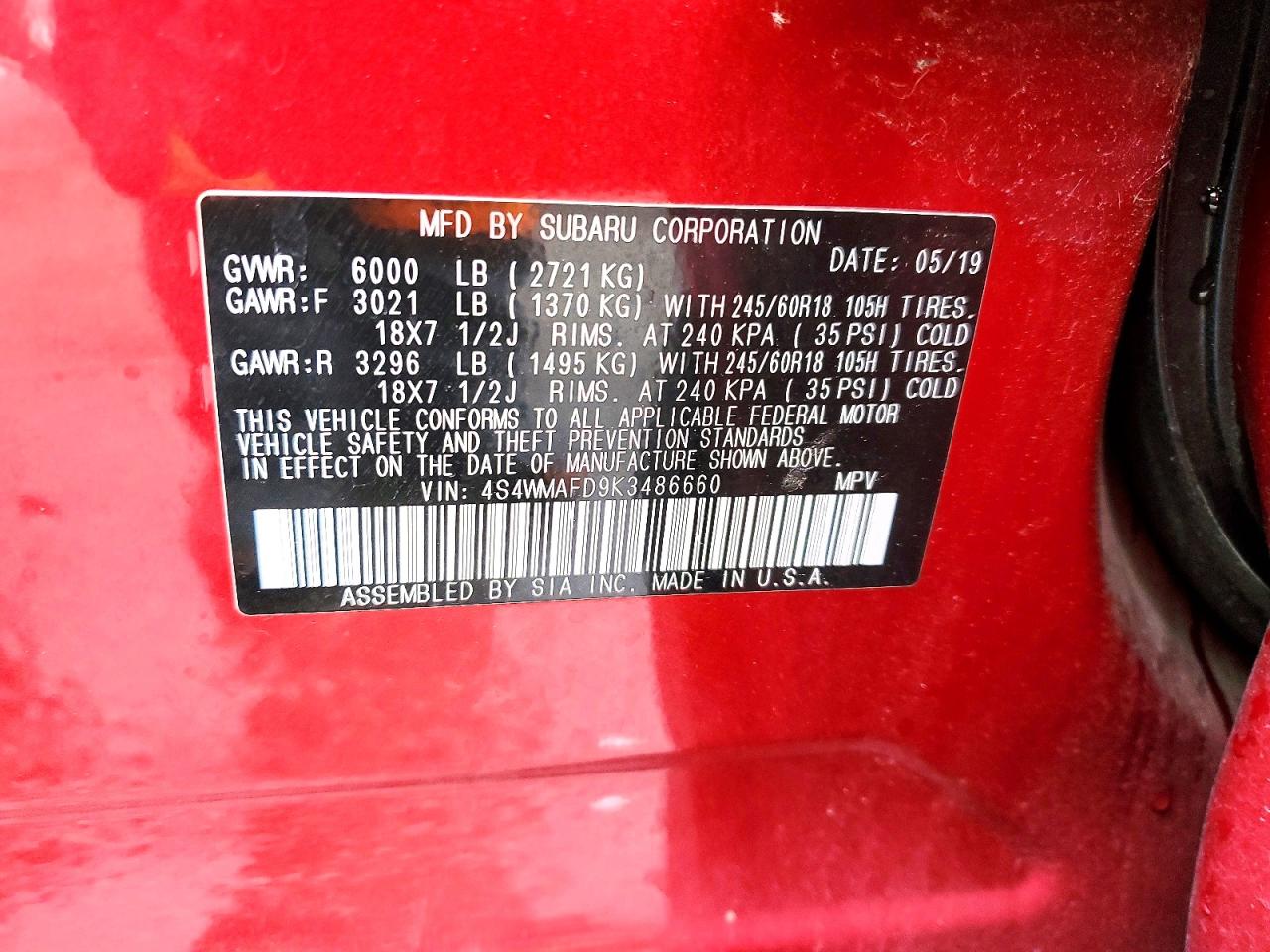 2019 Subaru Ascent Premium Red vin: 4S4WMAFD9K3486660