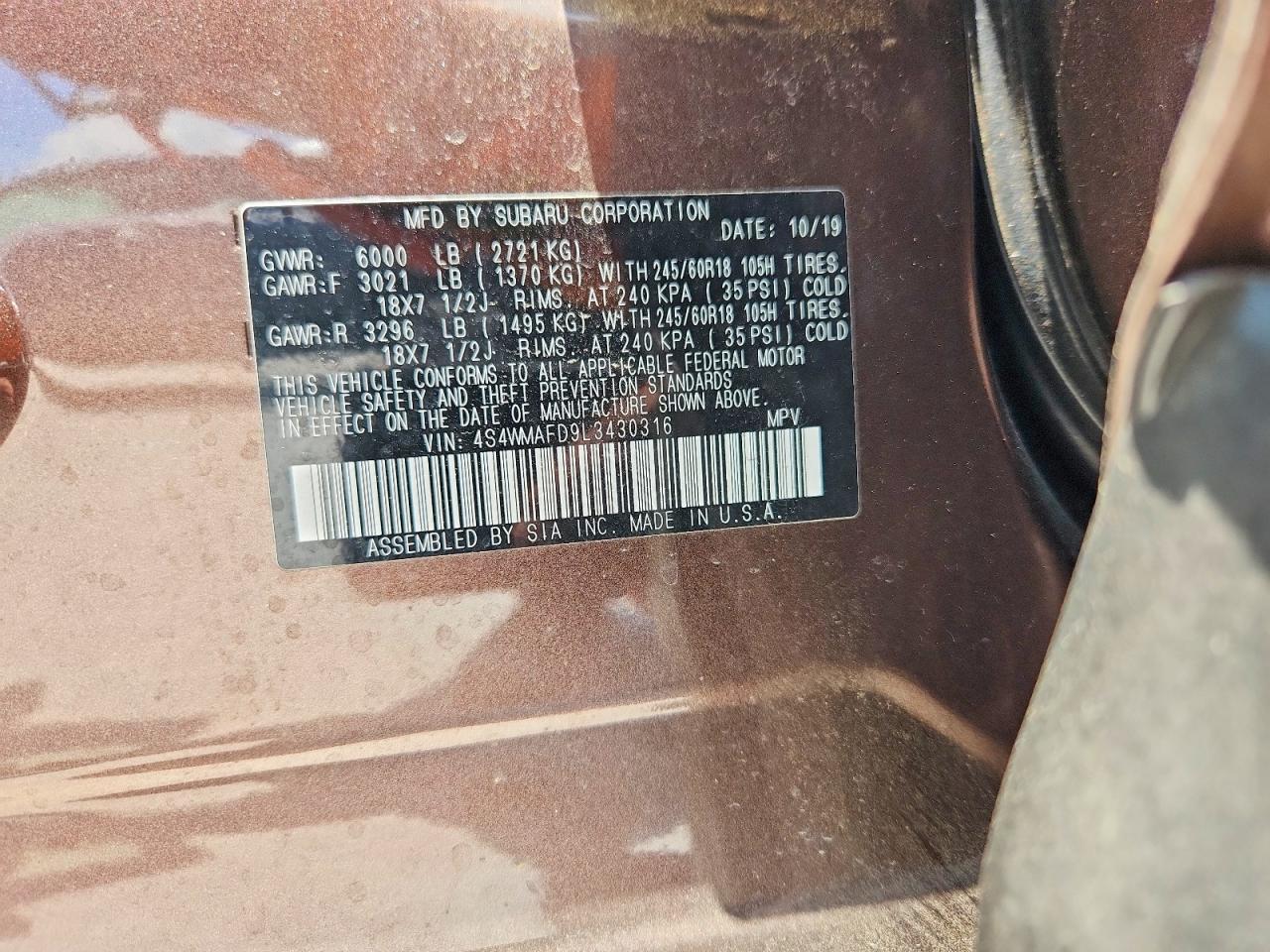 2020 Subaru Ascent Premium Brown vin: 4S4WMAFD9L3430316