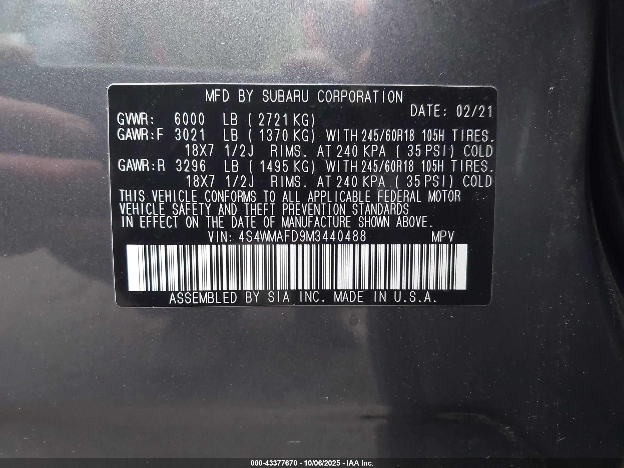 2021 Subaru Ascent Premium Серый vin: 4S4WMAFD9M3440488