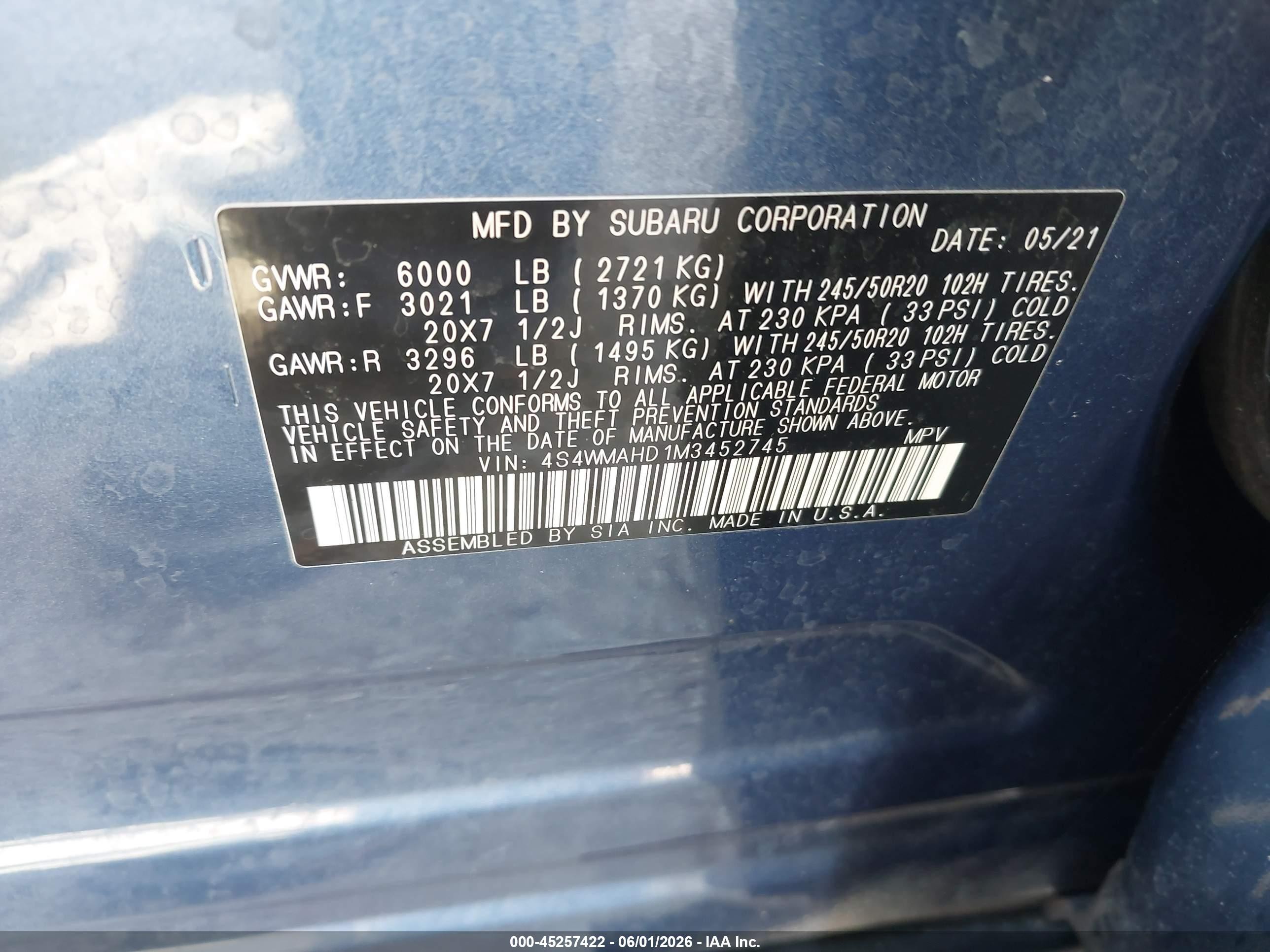 2021 Subaru Ascent Premium Blue vin: 4S4WMAHD1M3452745