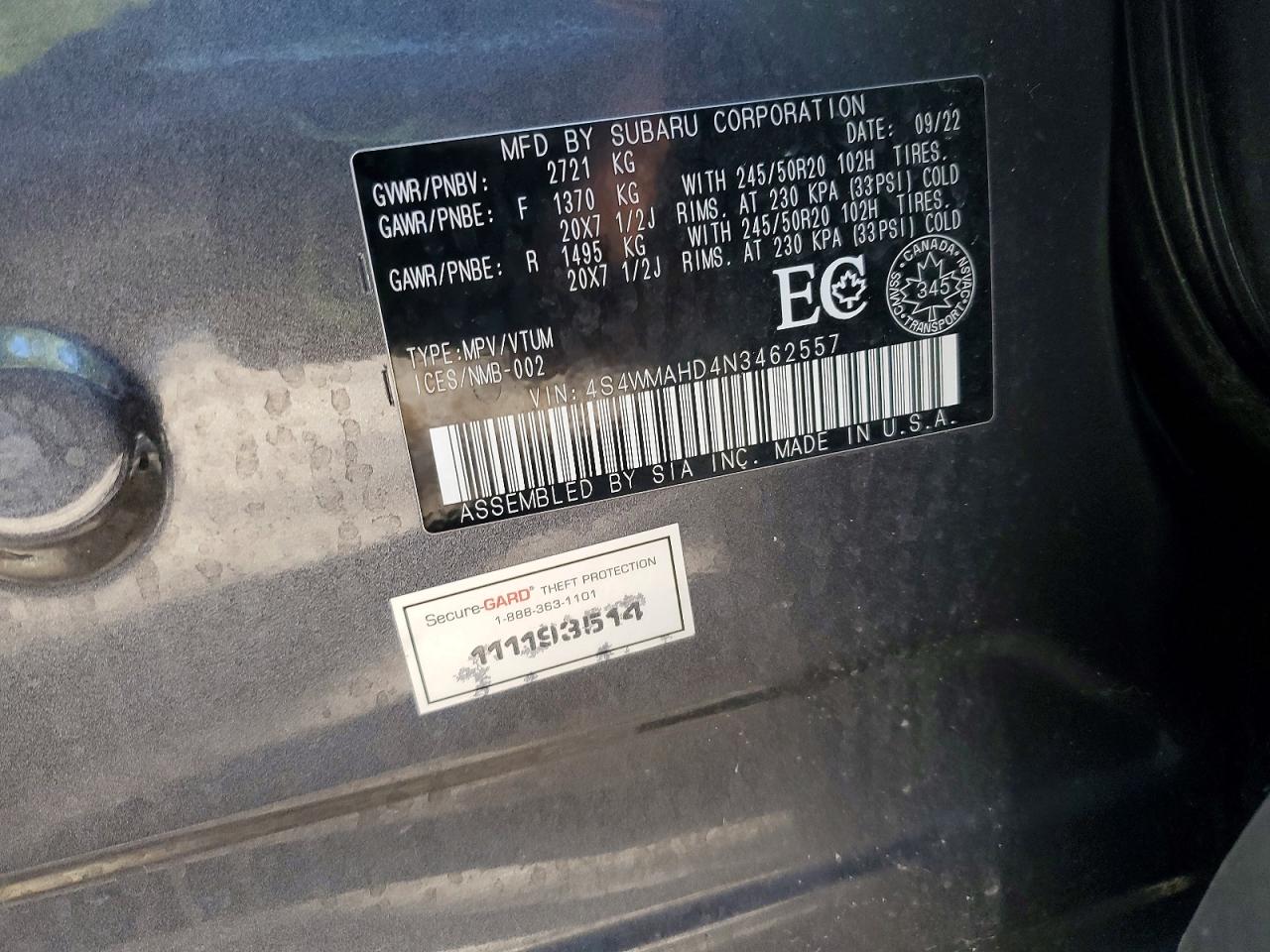 2022 Subaru Ascent Premium Charcoal vin: 4S4WMAHD4N3462557
