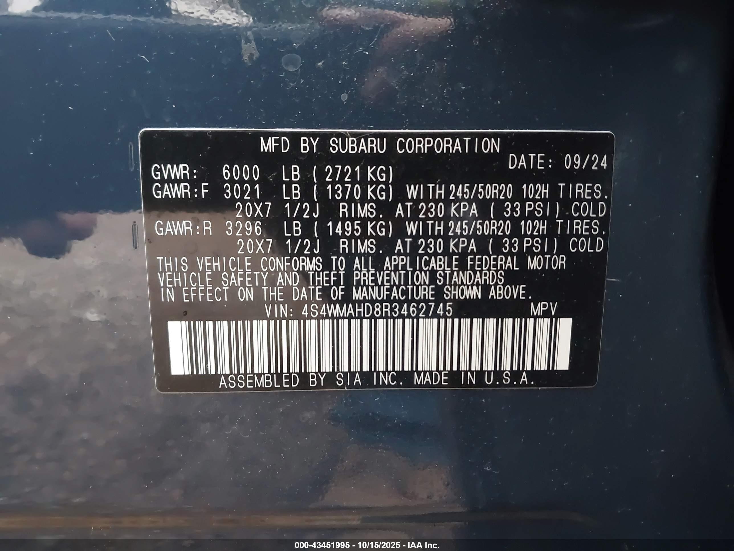 2024 Subaru Ascent Onyx Edition 7-passenger Синий vin: 4S4WMAHD8R3462745