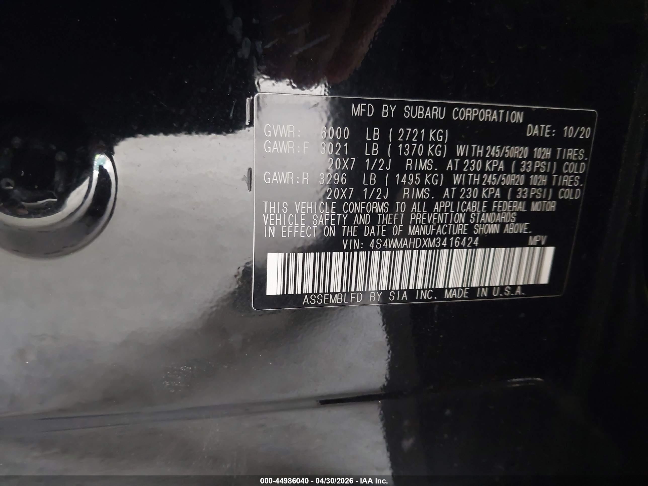 2021 Subaru Ascent Premium Black vin: 4S4WMAHDXM3416424