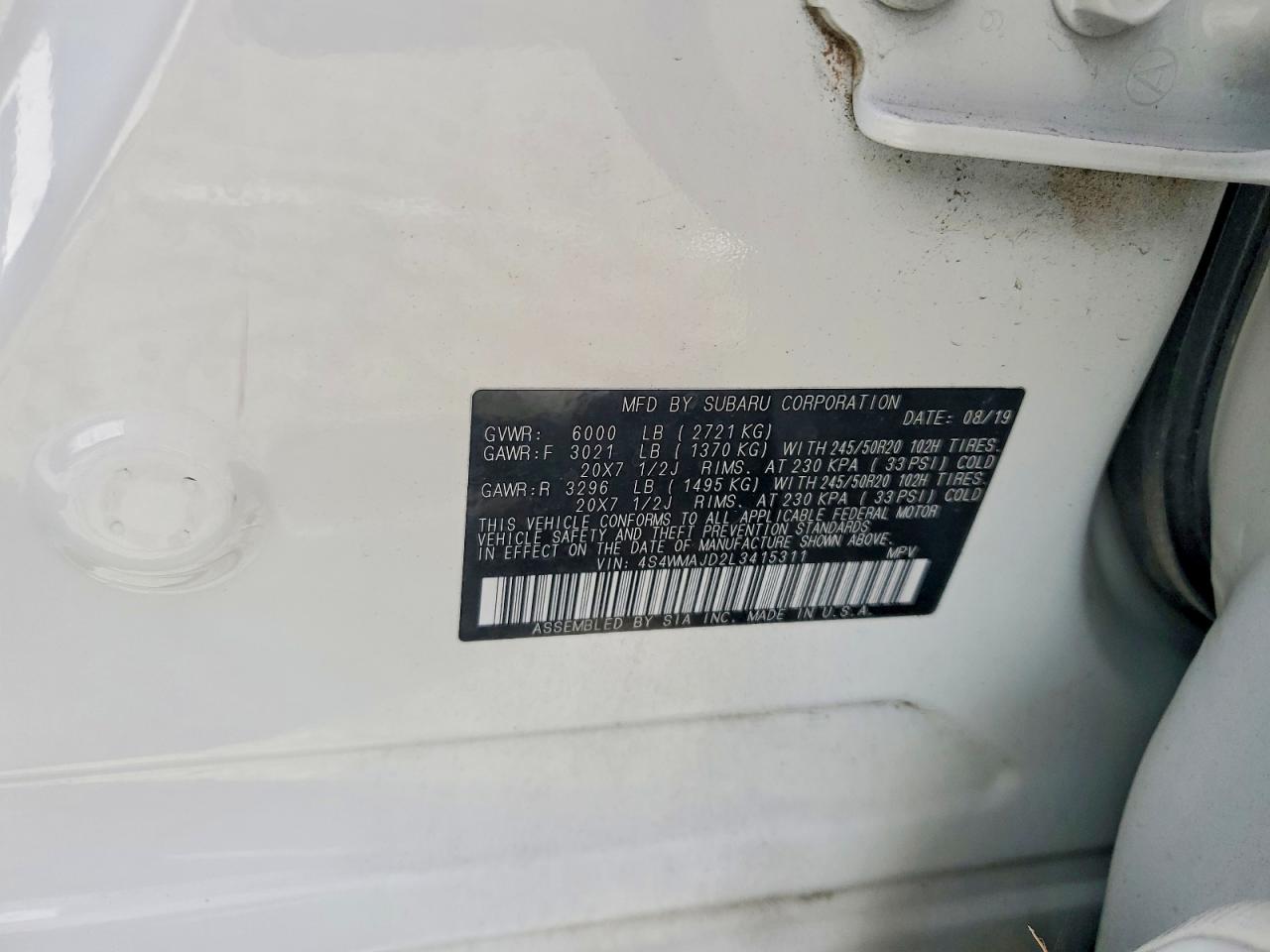 2020 Subaru Ascent Limited White vin: 4S4WMAJD2L3415311