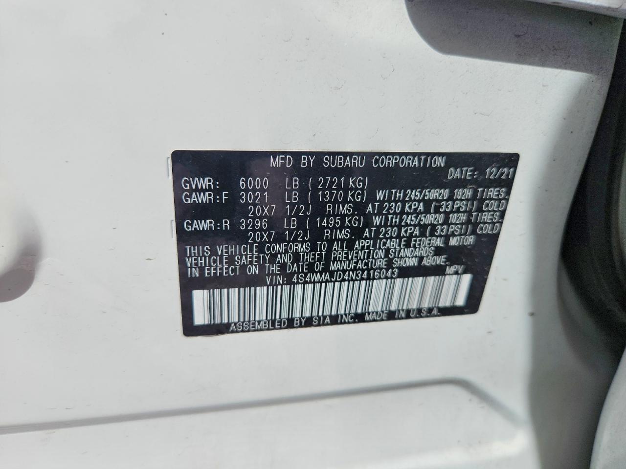 2022 Subaru Ascent Onyx Edition White vin: 4S4WMAJD4N3416043