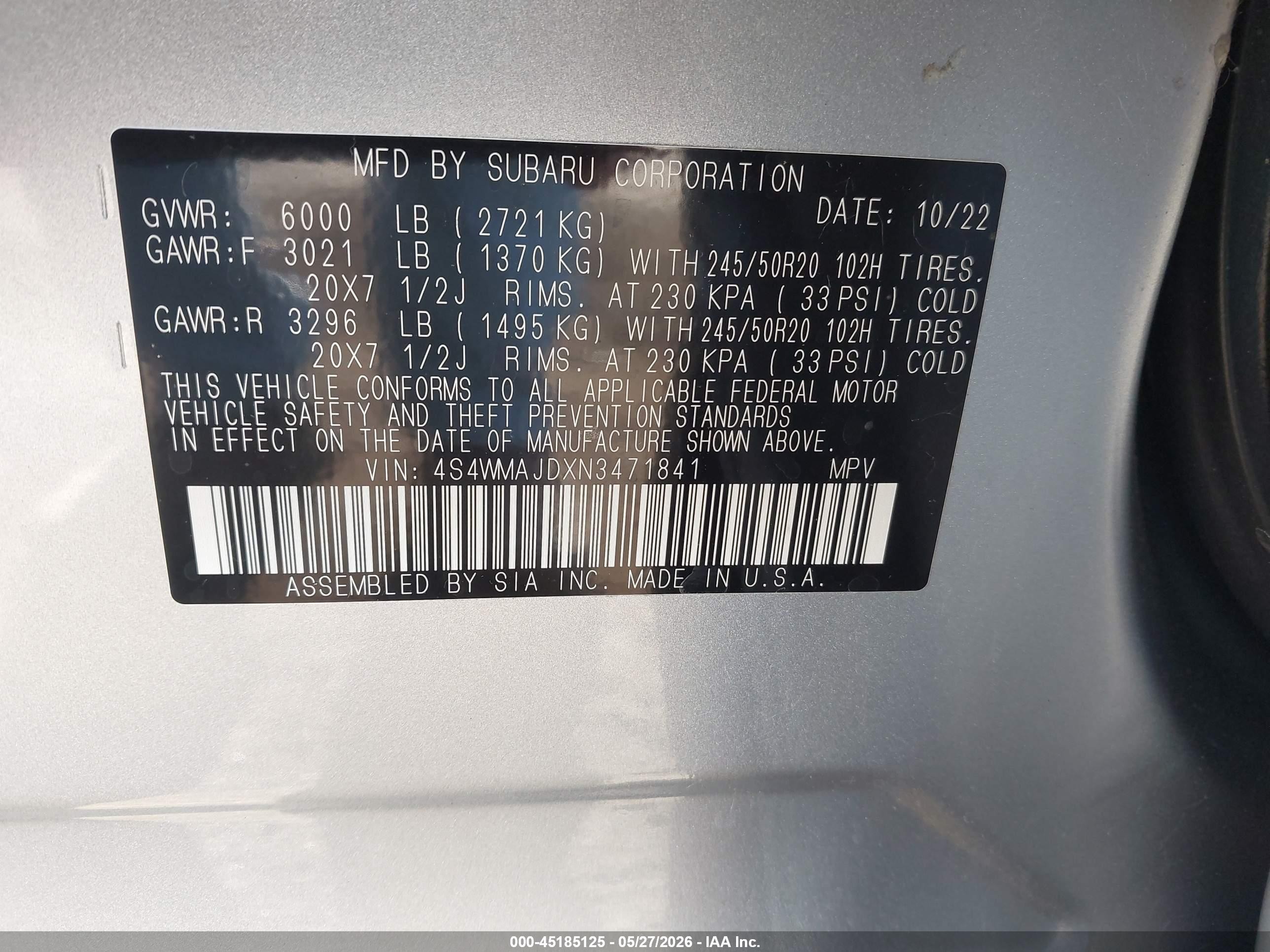 2022 Subaru Ascent Onyx Edition Silver vin: 4S4WMAJDXN3471841