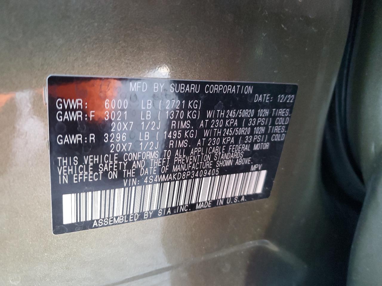 2023 Subaru Ascent Limited Green vin: 4S4WMAKD8P3409405