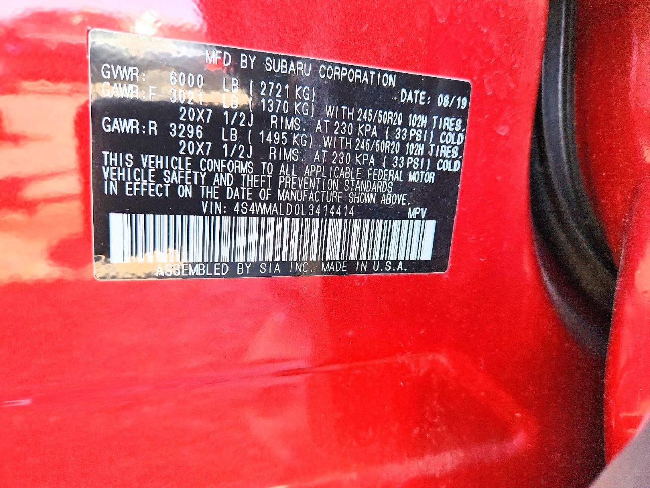 2020 Subaru Ascent Limited Red vin: 4S4WMALD0L3414414