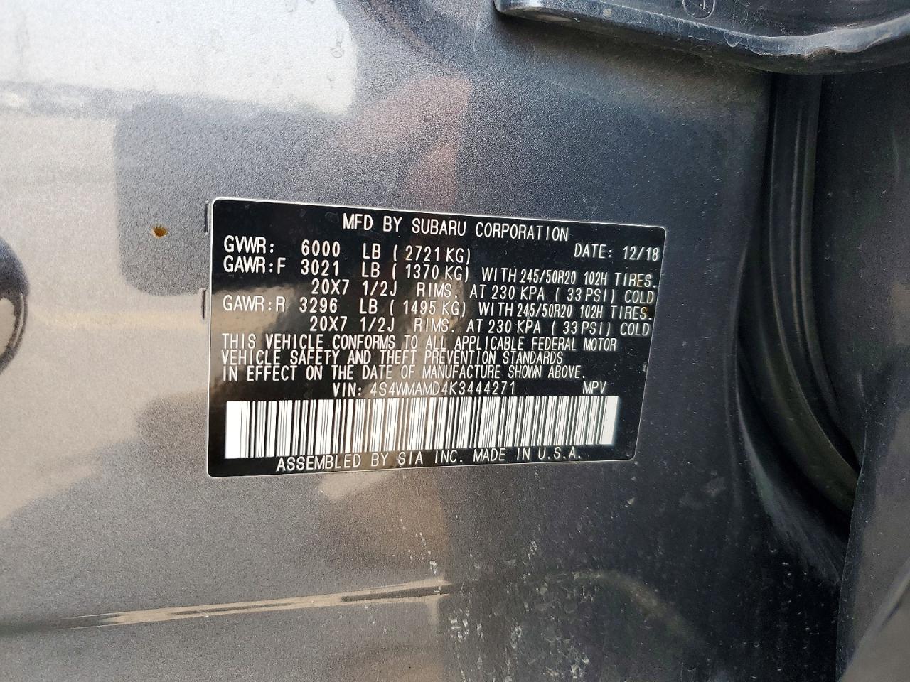 2019 Subaru Ascent Limited Gray vin: 4S4WMAMD4K3444271