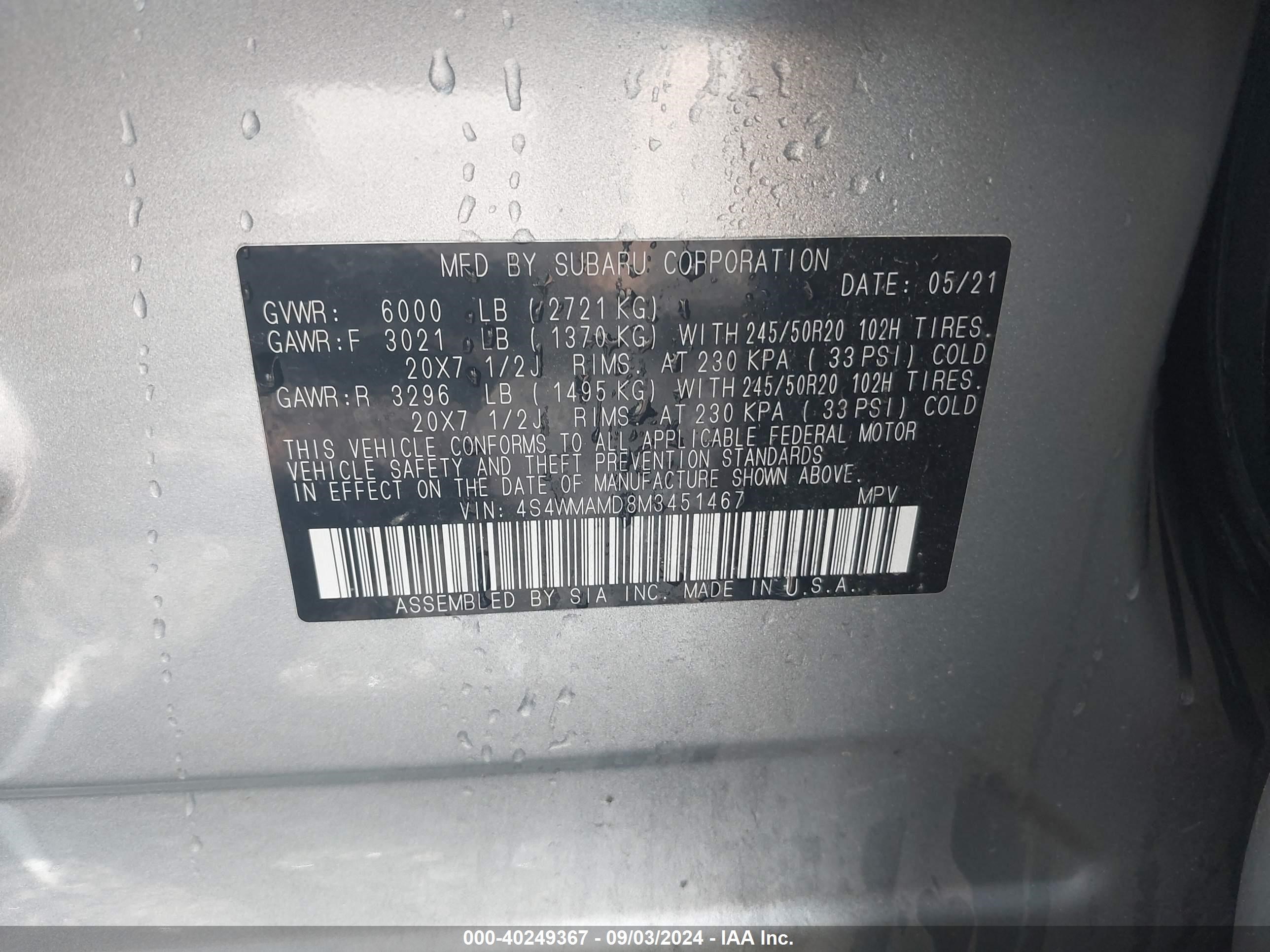 2021 Subaru Ascent Limited Silver vin: 4S4WMAMD8M3451467
