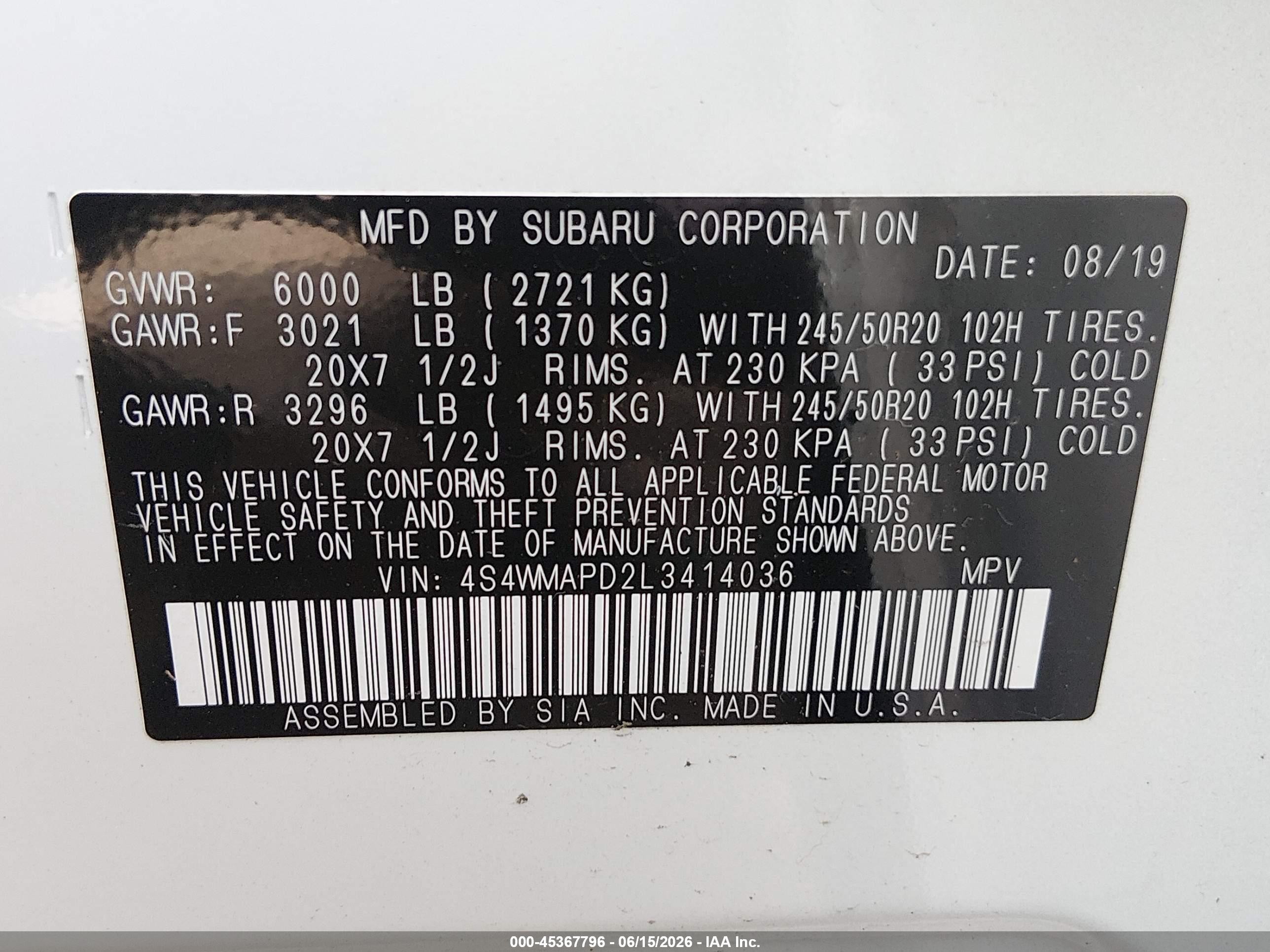 2020 Subaru Ascent Limited White vin: 4S4WMAPD2L3414036